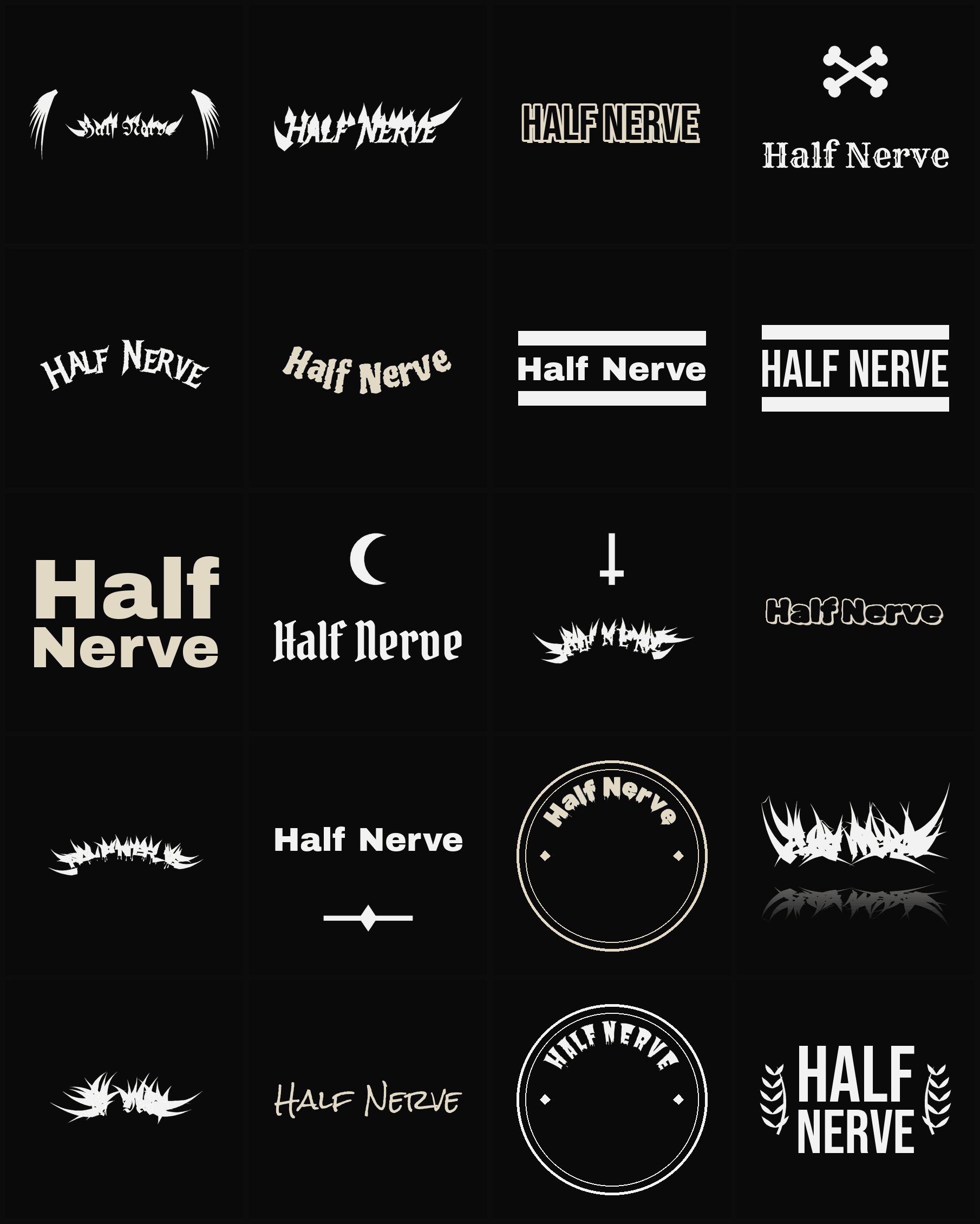 Twenty Half Nerve band logo ideas — different faces, treatments and spike settings
