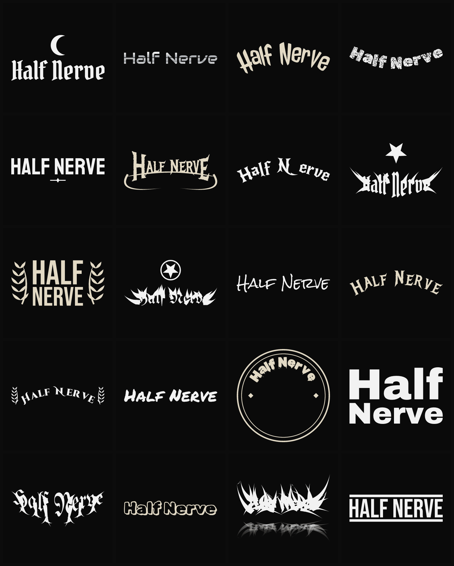 Twenty Half Nerve band logo ideas — different faces, treatments and spike settings