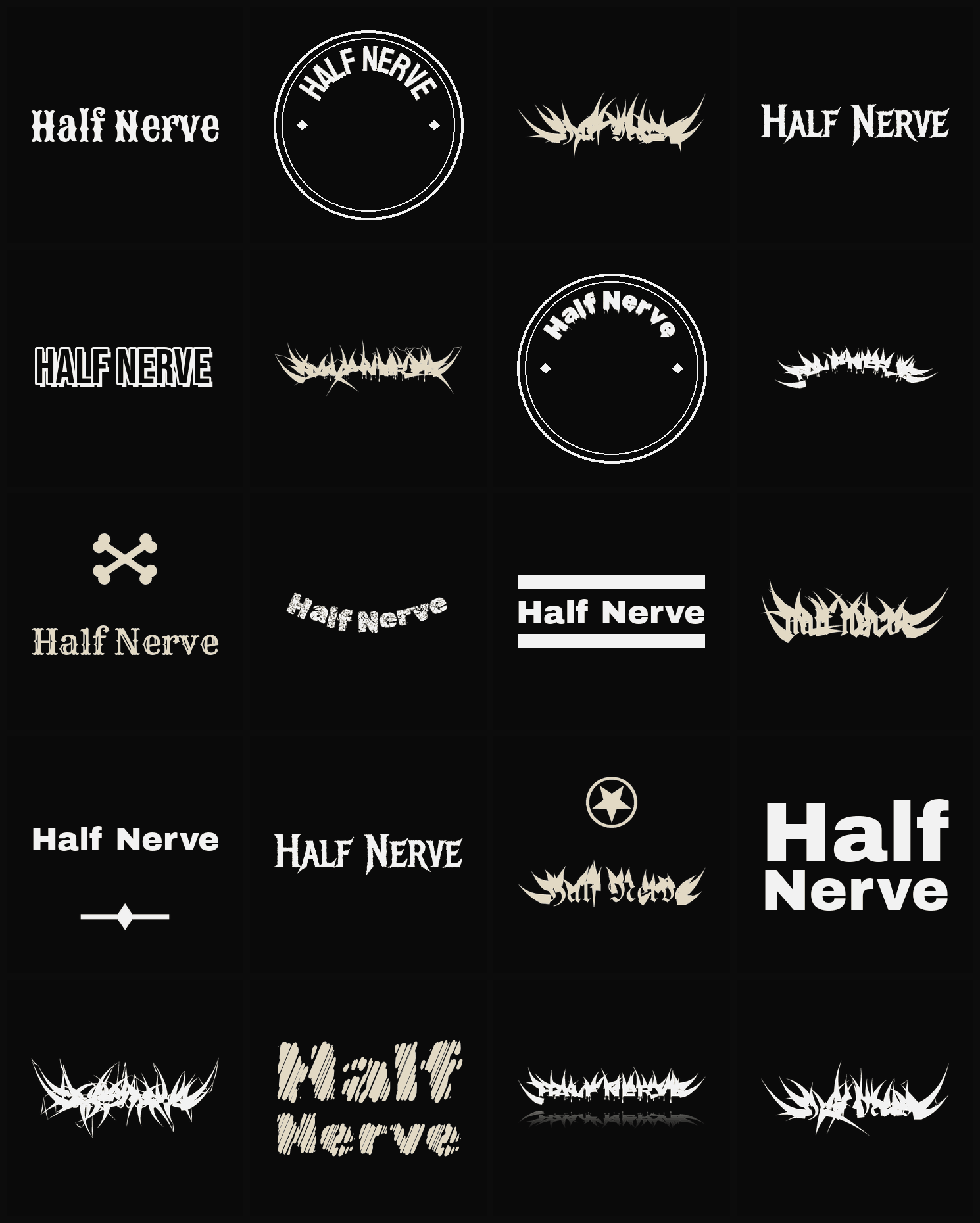 Twenty Half Nerve band logo ideas — different faces, treatments and spike settings