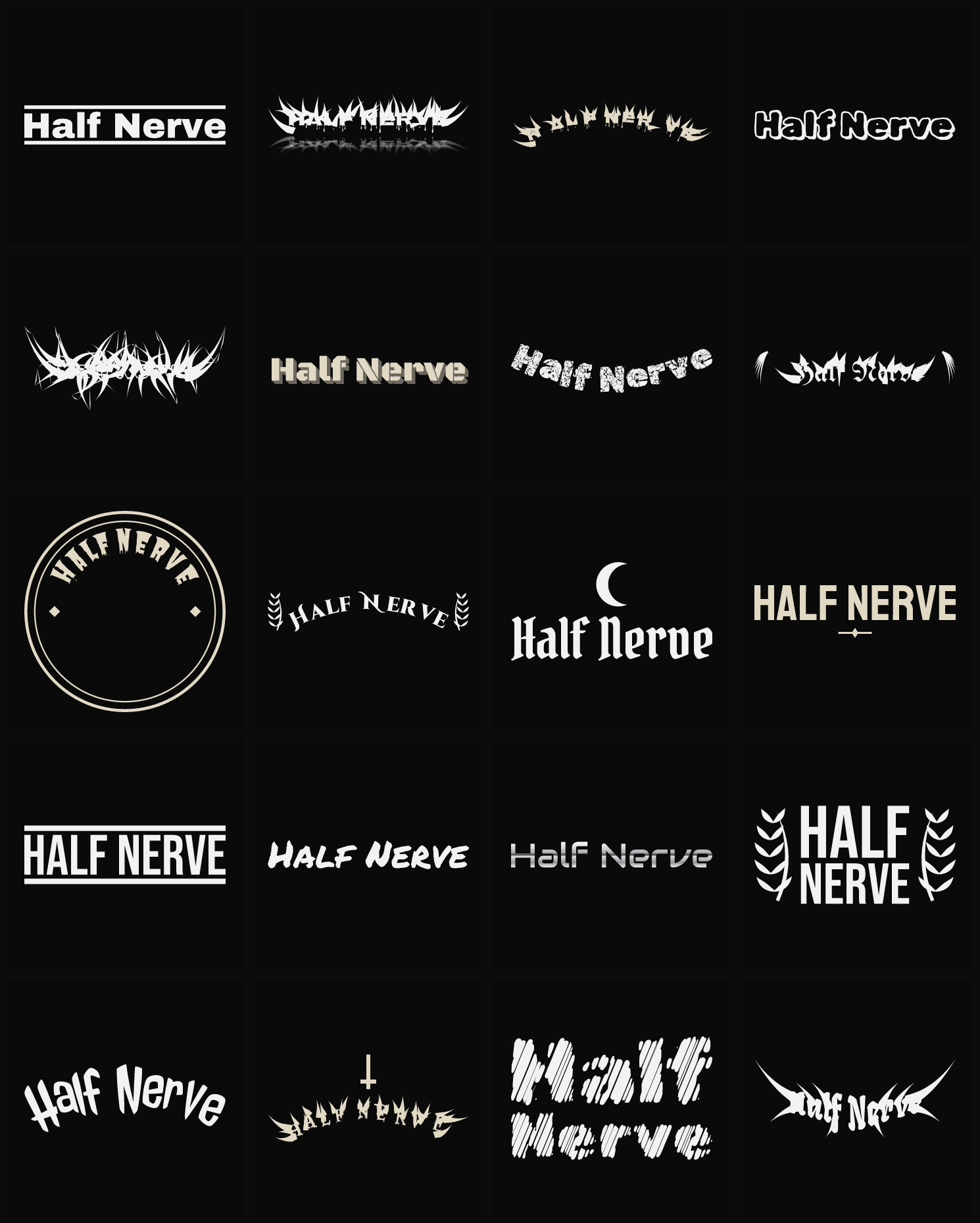 Twenty Half Nerve band logo ideas — different faces, treatments and spike settings