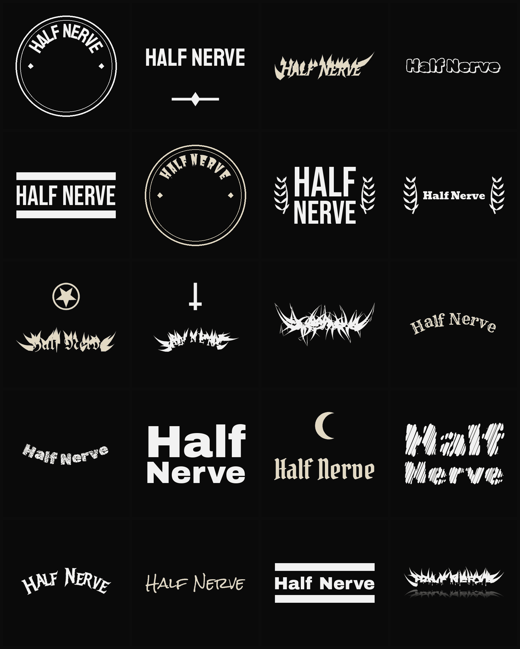 Twenty Half Nerve band logo ideas — different faces, treatments and spike settings