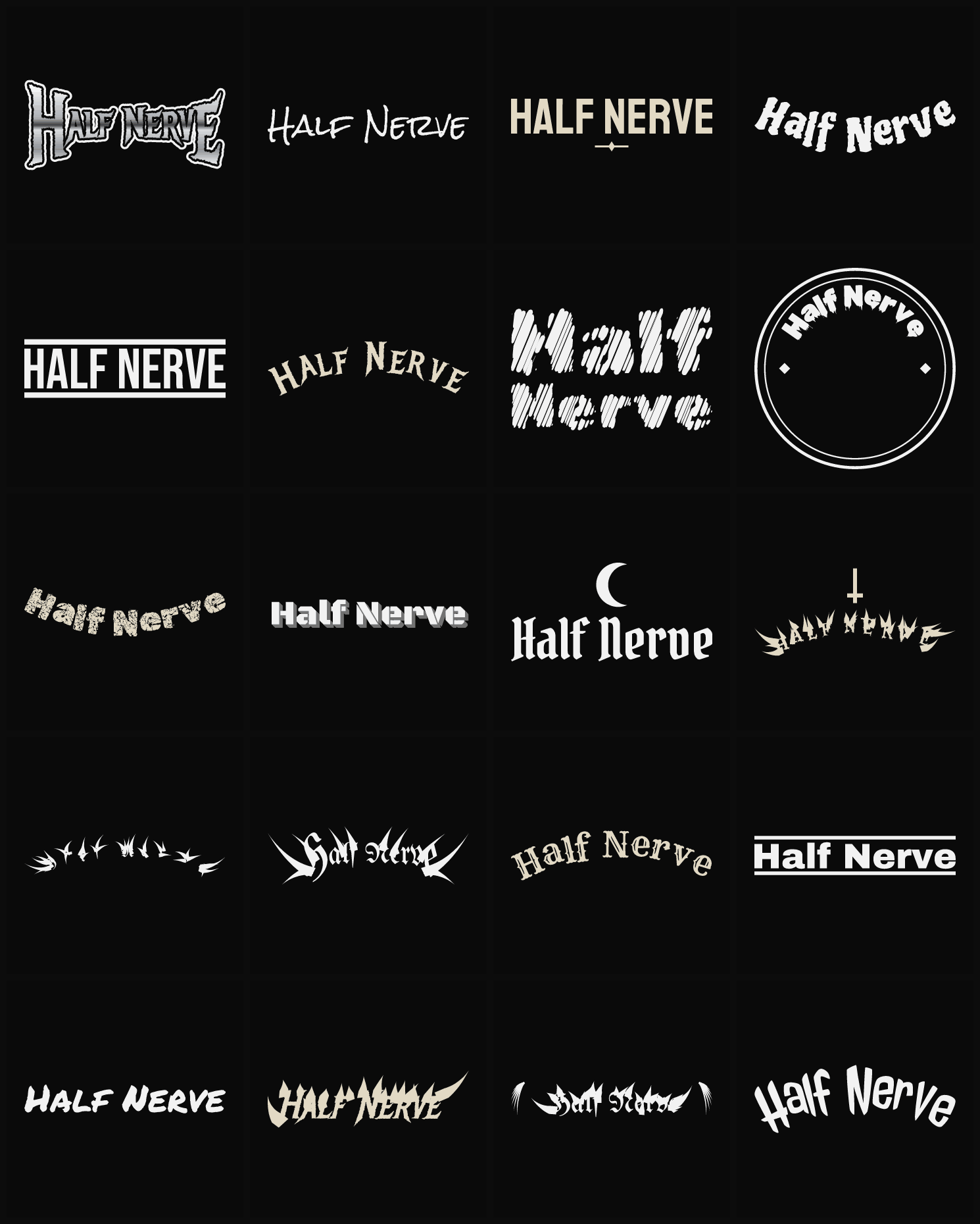 Twenty Half Nerve band logo ideas — different faces, treatments and spike settings