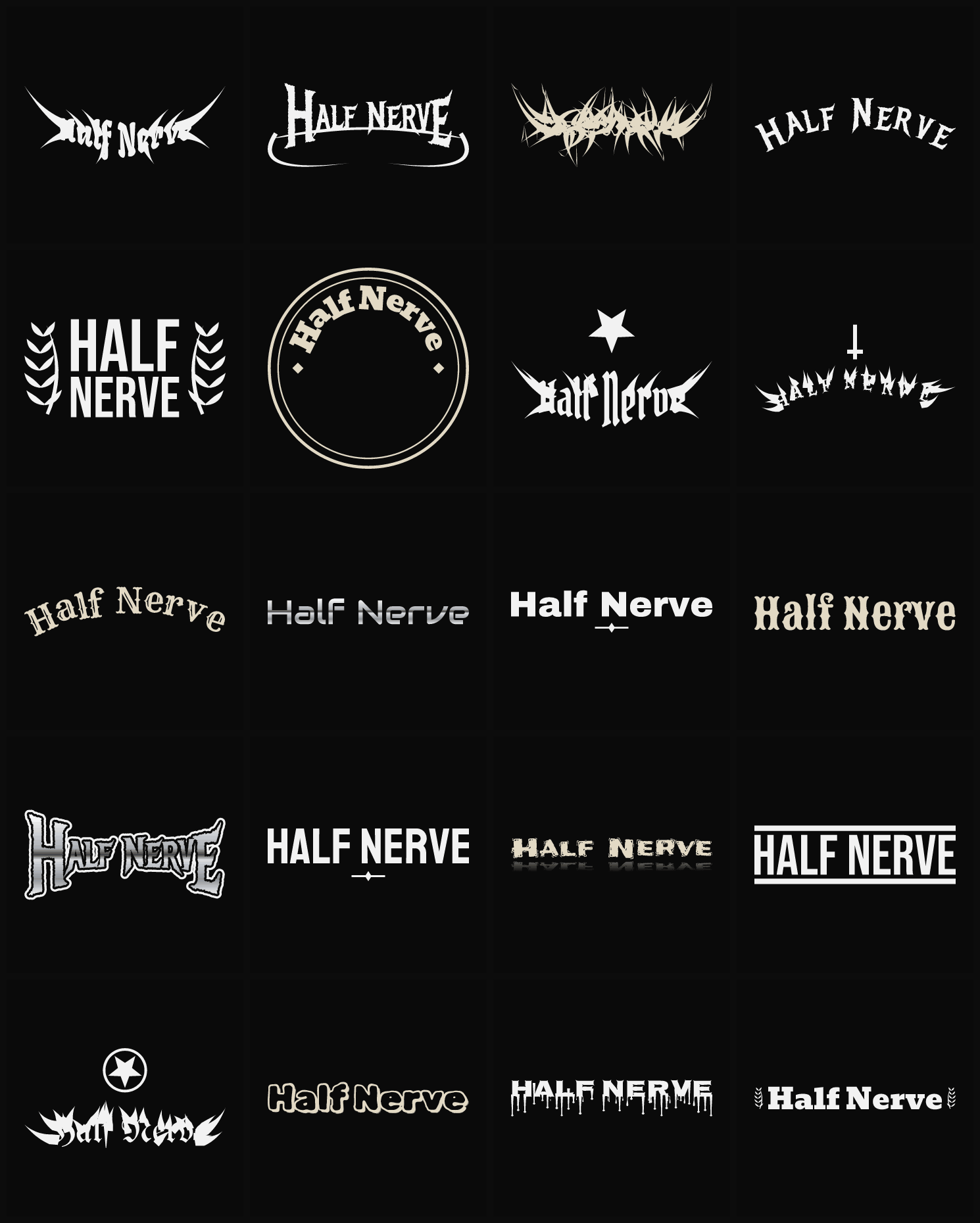 Twenty Half Nerve band logo ideas — different faces, treatments and spike settings
