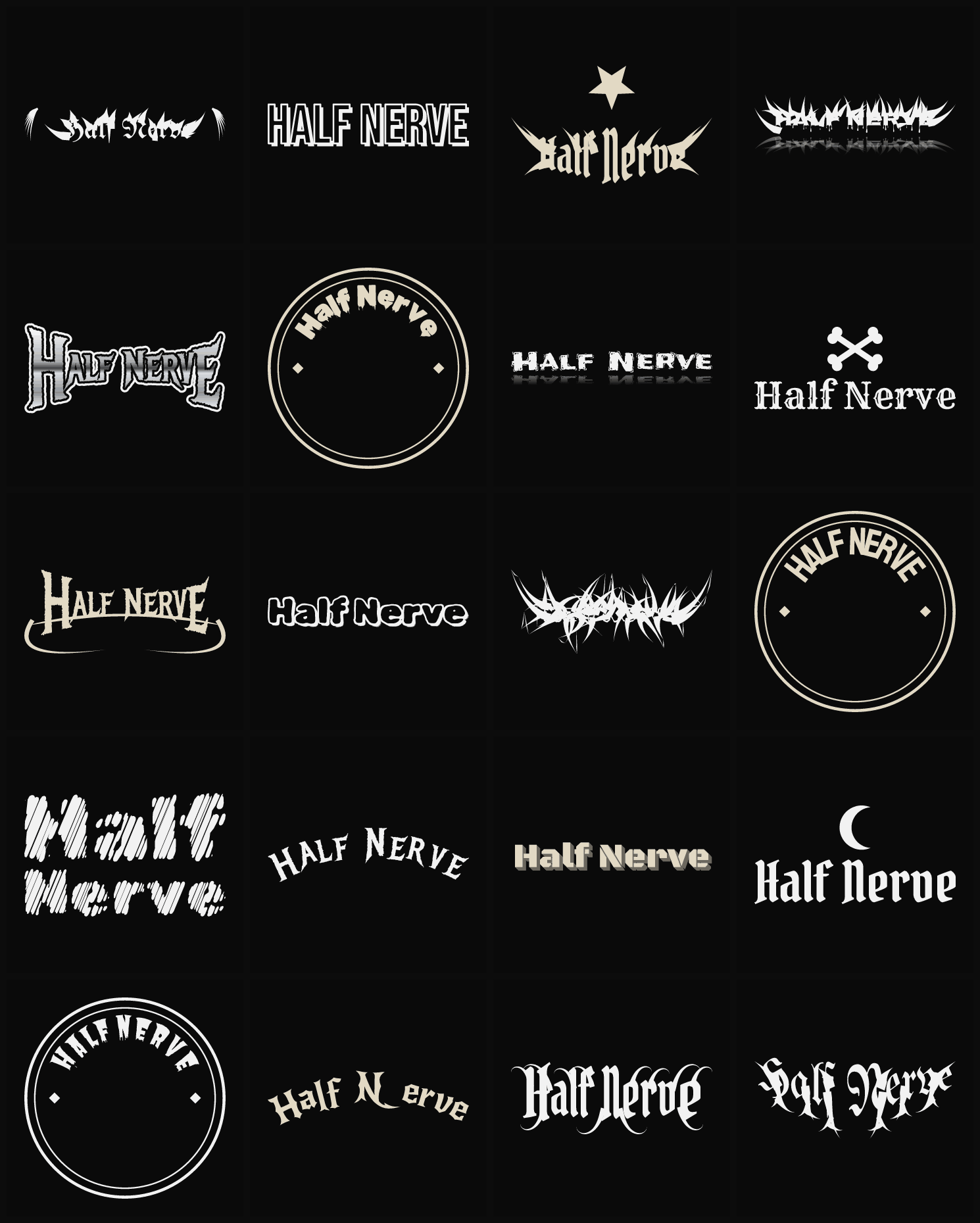 Twenty Half Nerve band logo ideas — different faces, treatments and spike settings