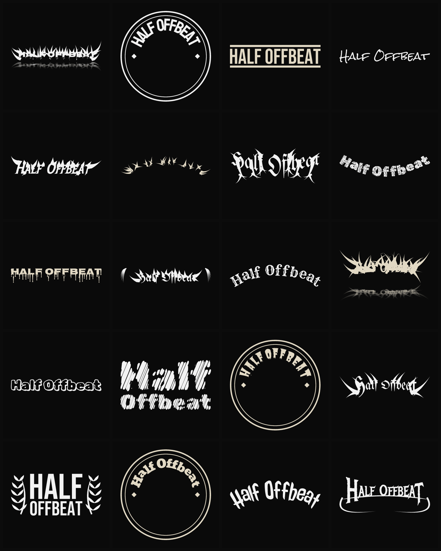 Twenty Half Offbeat band logo ideas — different faces, treatments and spike settings