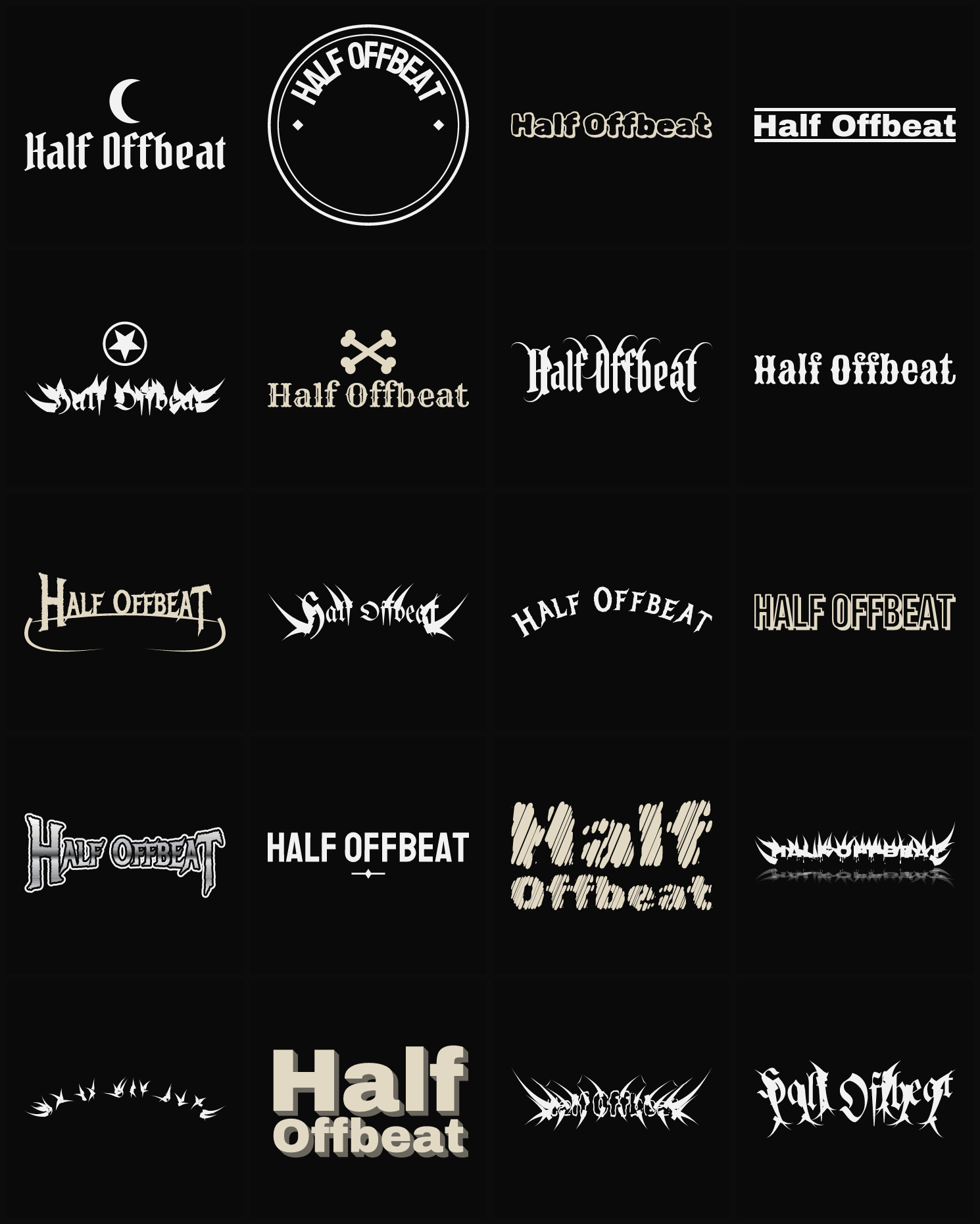 Twenty Half Offbeat band logo ideas — different faces, treatments and spike settings
