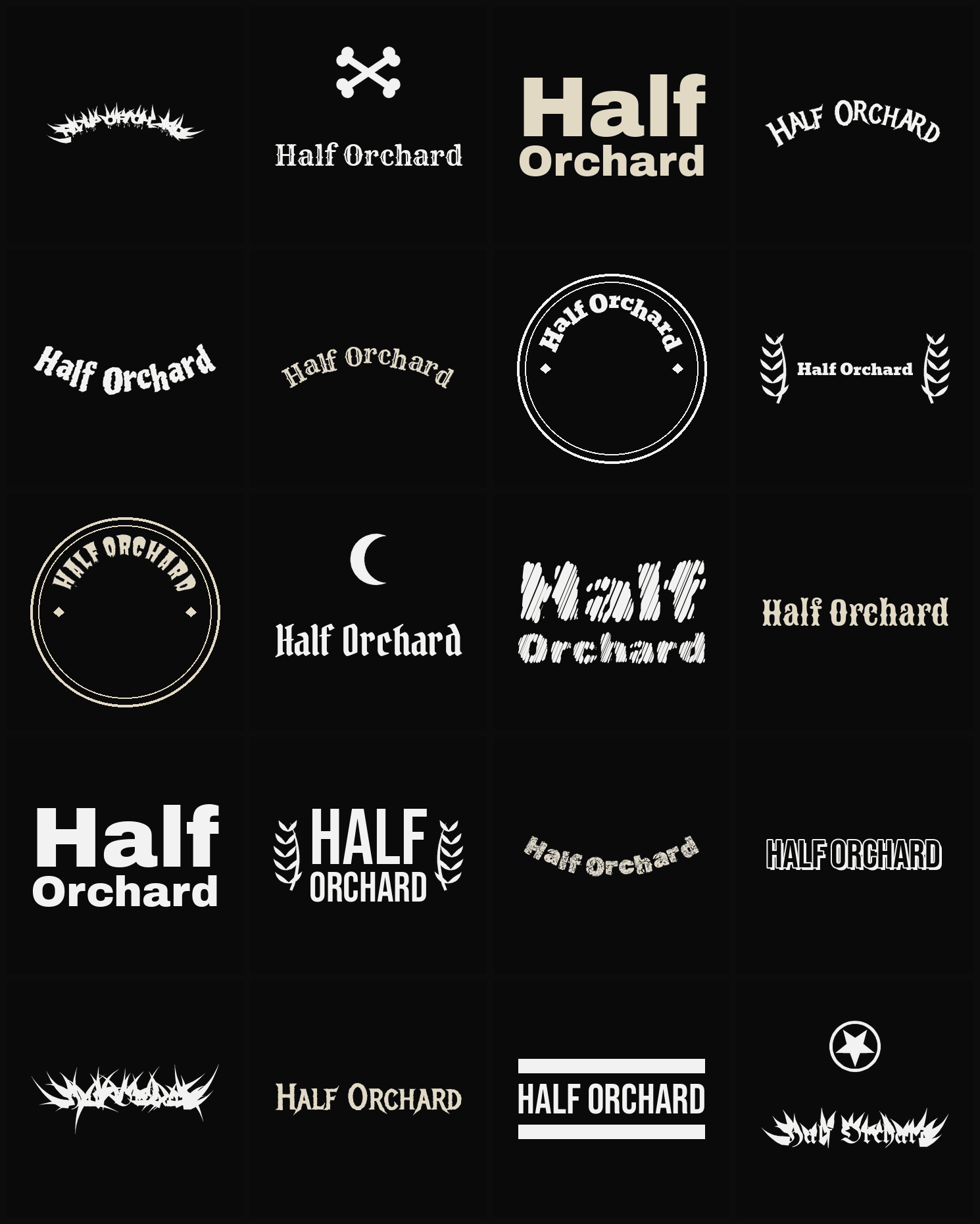 Twenty Half Orchard band logo ideas — different faces, treatments and spike settings
