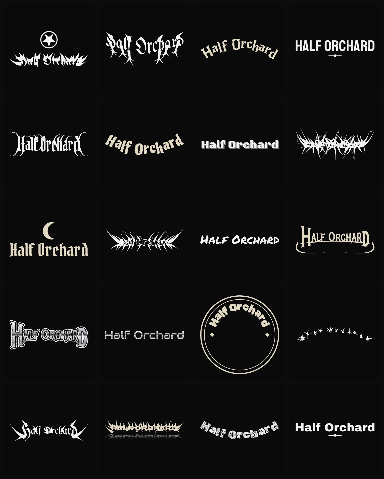 Twenty Half Orchard band logo ideas — different faces, treatments and spike settings