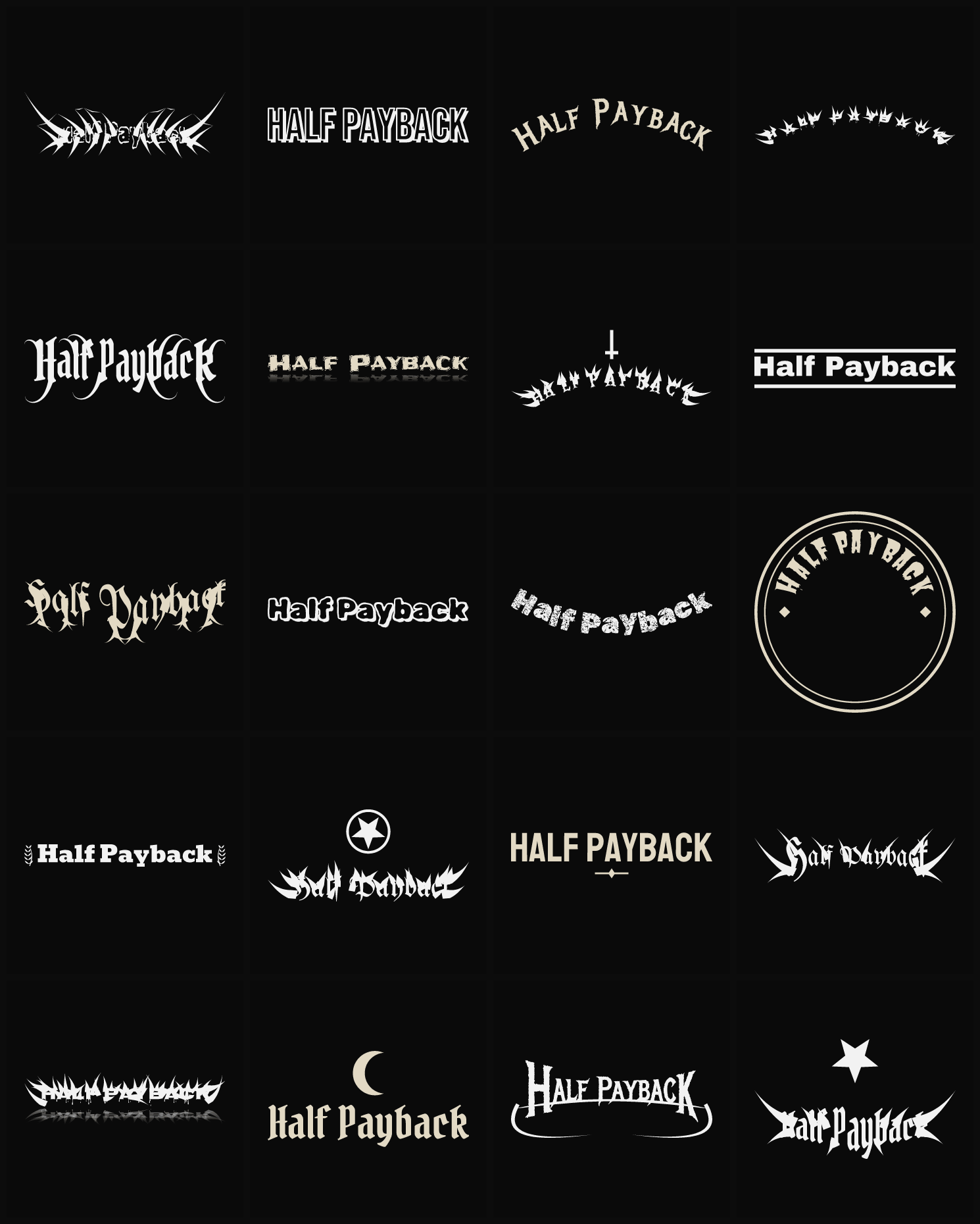 Twenty Half Payback band logo ideas — different faces, treatments and spike settings