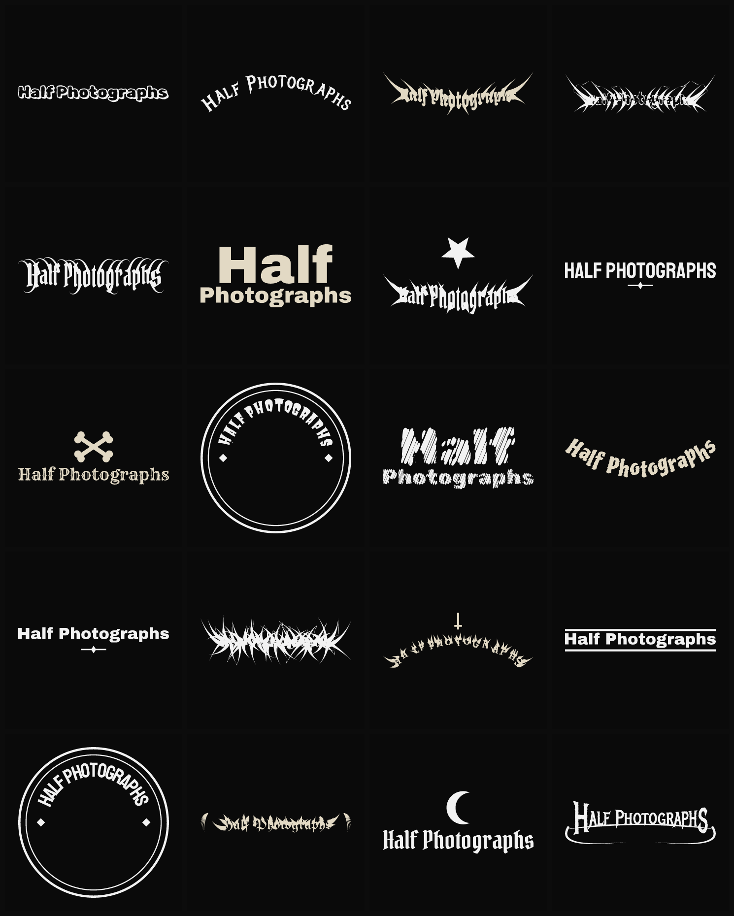 Twenty Half Photographs band logo ideas — different faces, treatments and spike settings