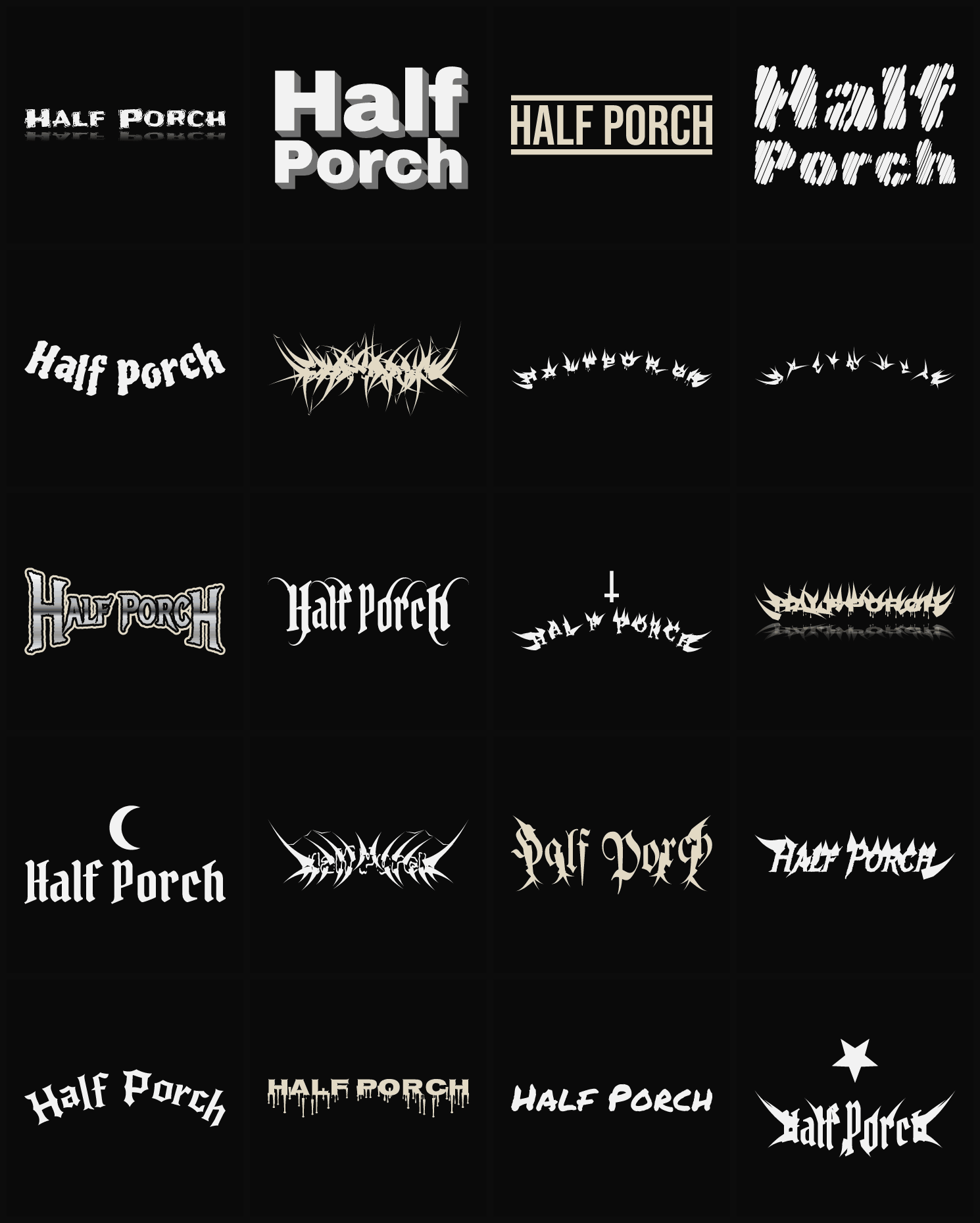 Twenty Half Porch band logo ideas — different faces, treatments and spike settings