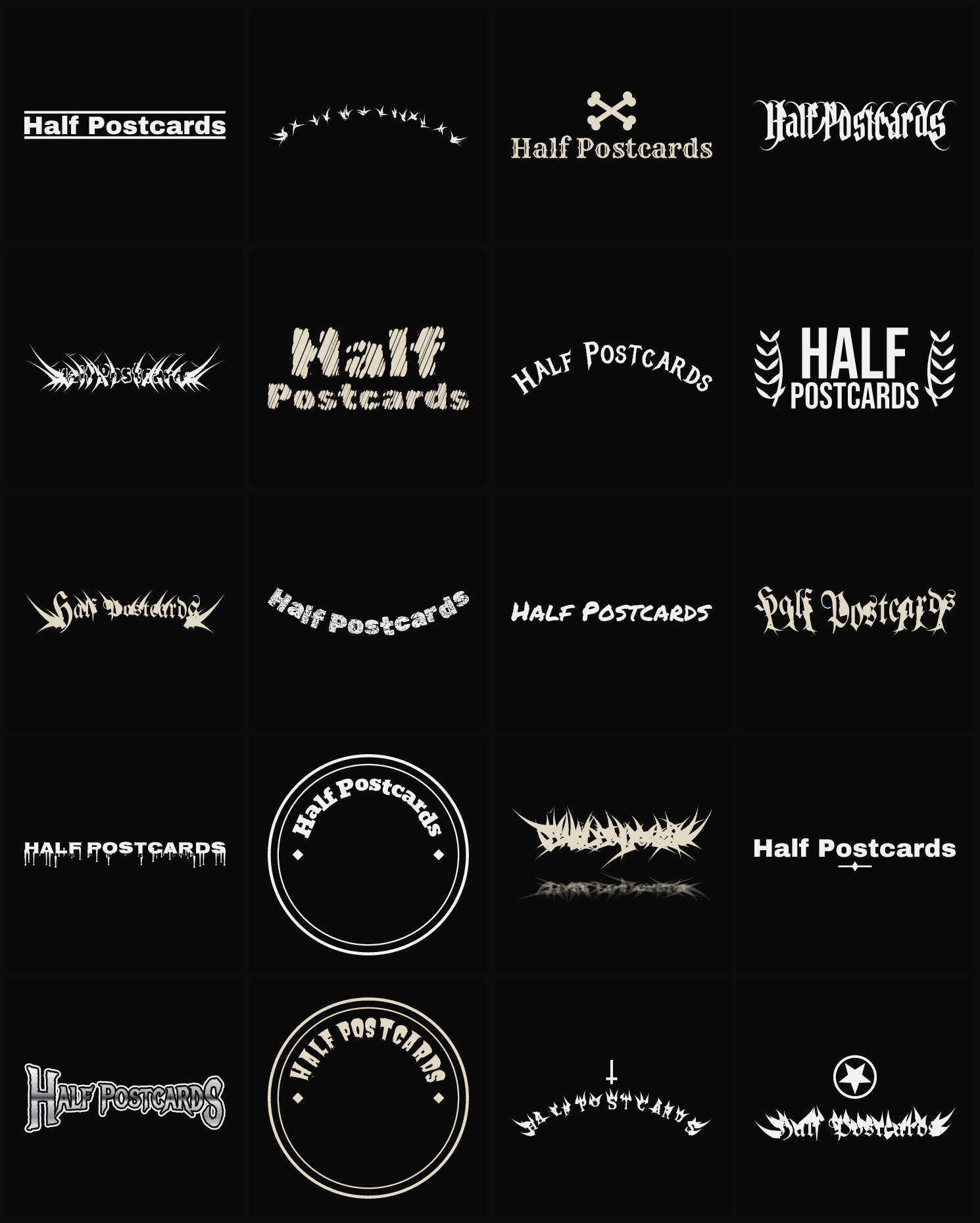 Twenty Half Postcards band logo ideas — different faces, treatments and spike settings