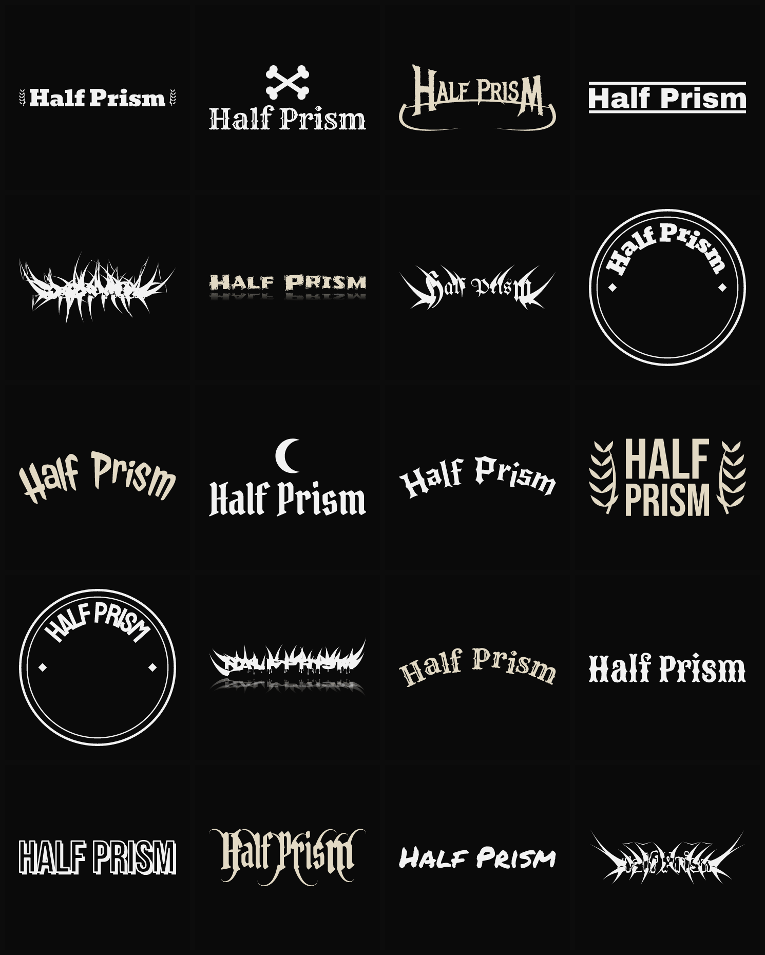 Twenty Half Prism band logo ideas — different faces, treatments and spike settings