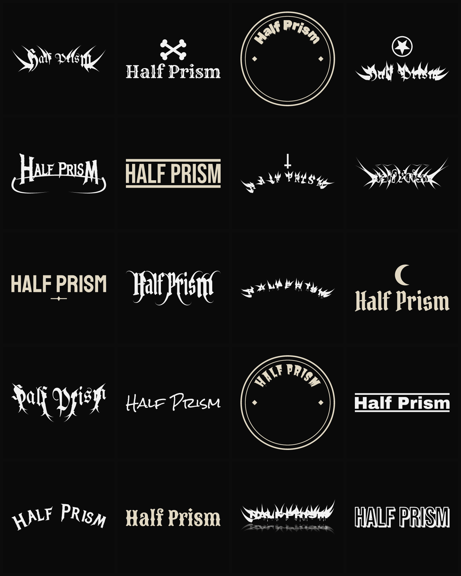 Twenty Half Prism band logo ideas — different faces, treatments and spike settings
