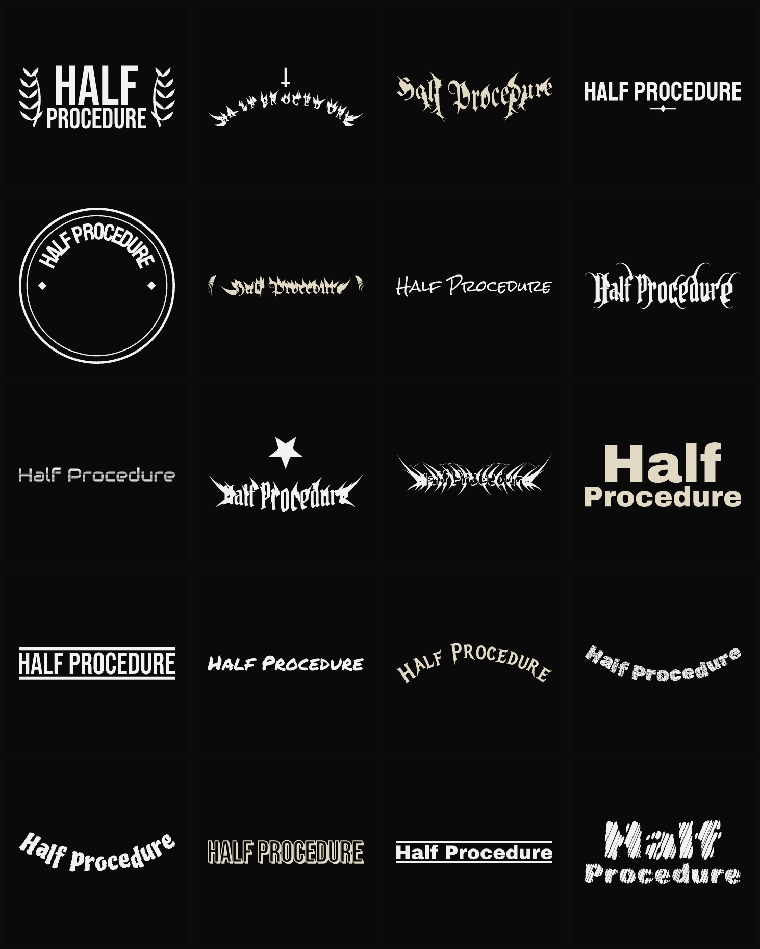 Twenty Half Procedure band logo ideas — different faces, treatments and spike settings