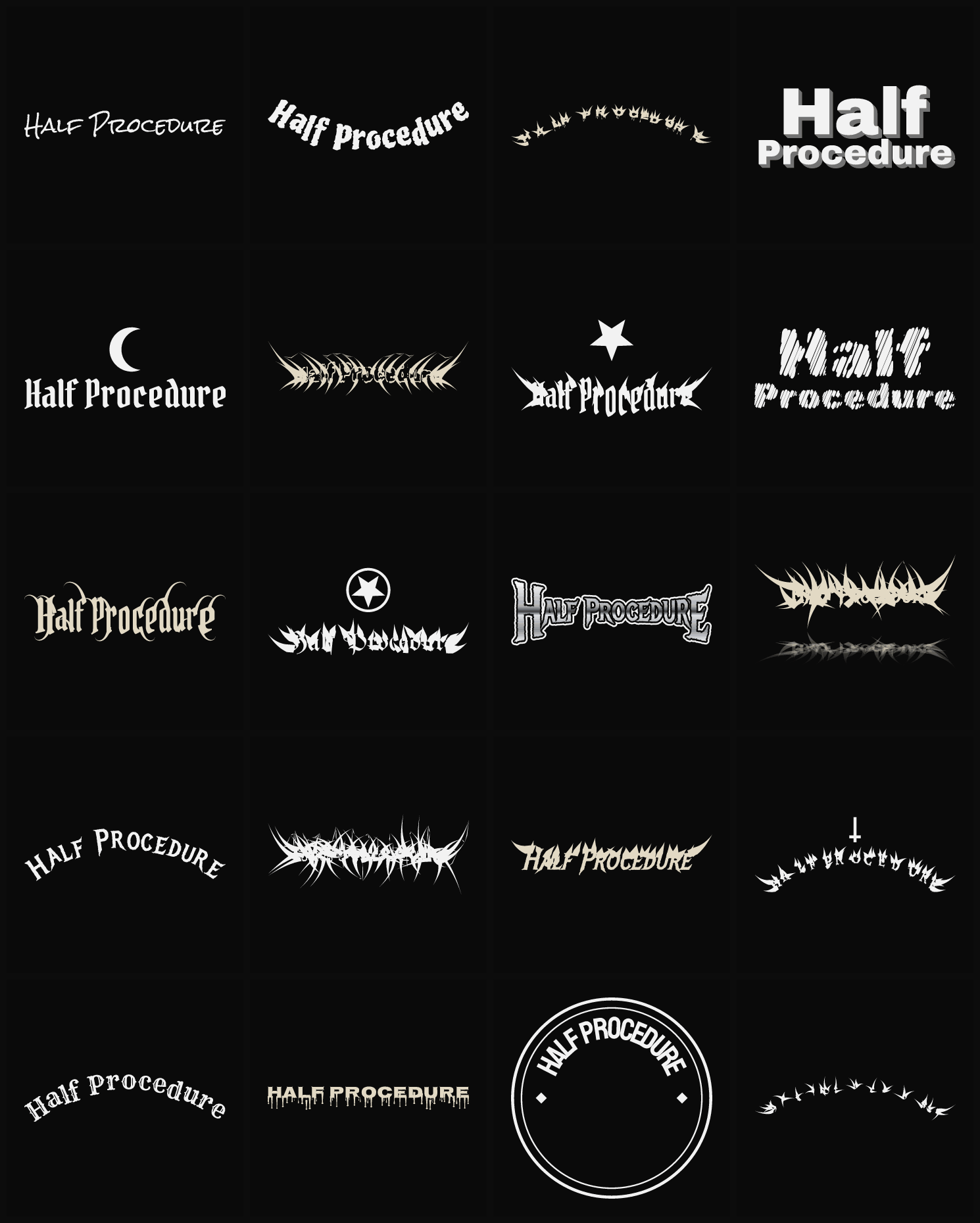 Twenty Half Procedure band logo ideas — different faces, treatments and spike settings