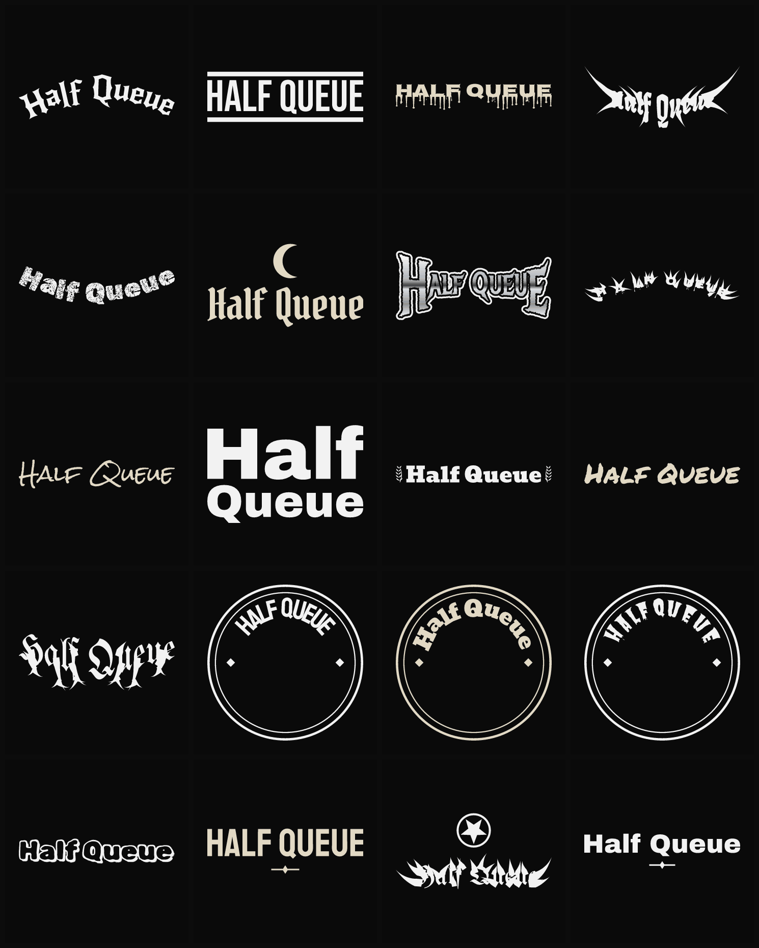 Twenty Half Queue band logo ideas — different faces, treatments and spike settings