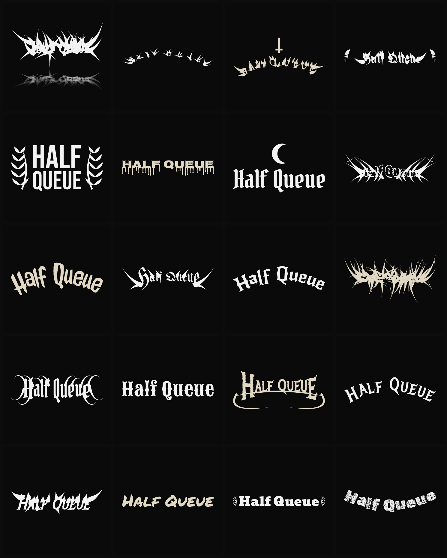 Twenty Half Queue band logo ideas — different faces, treatments and spike settings