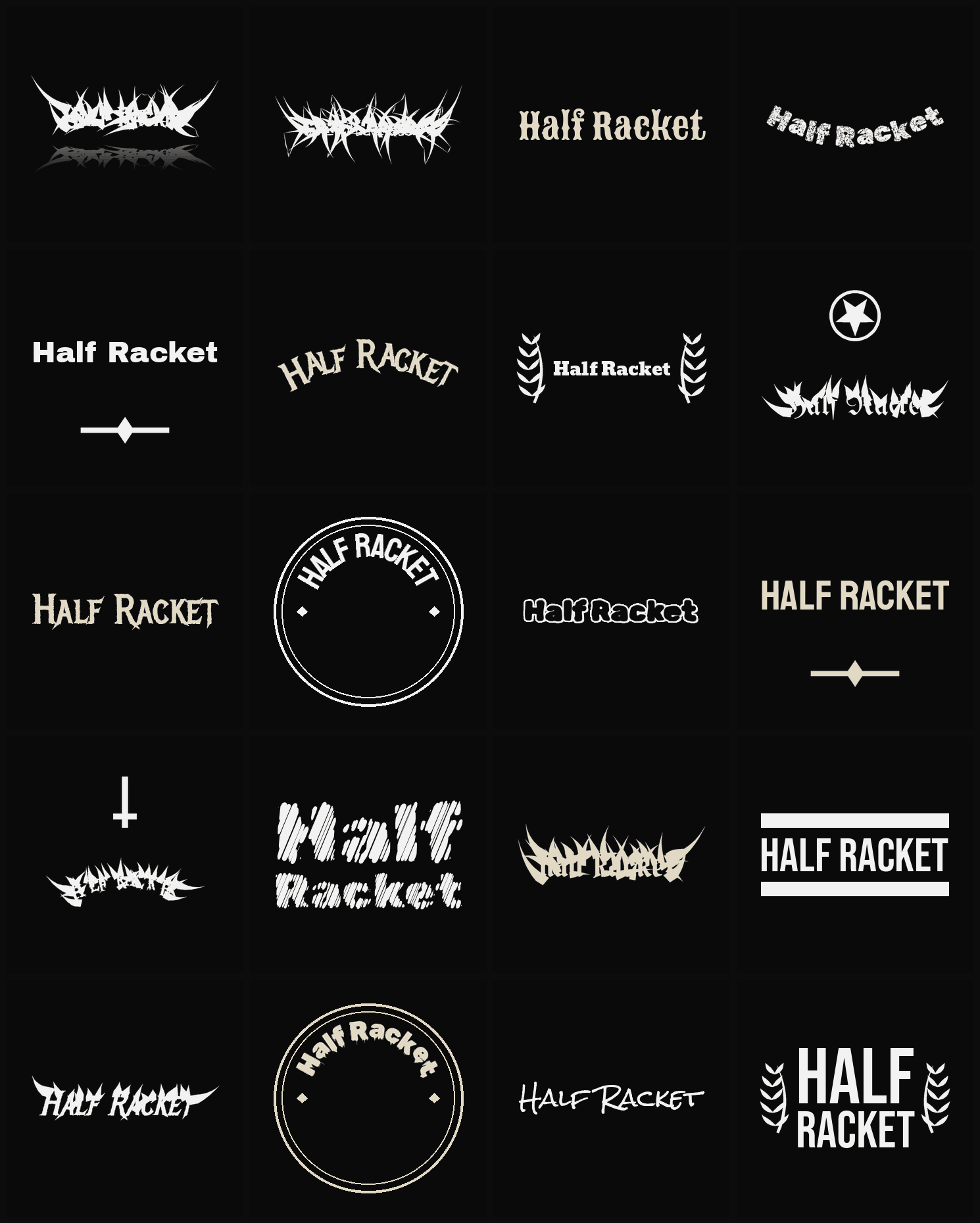 Twenty Half Racket band logo ideas — different faces, treatments and spike settings