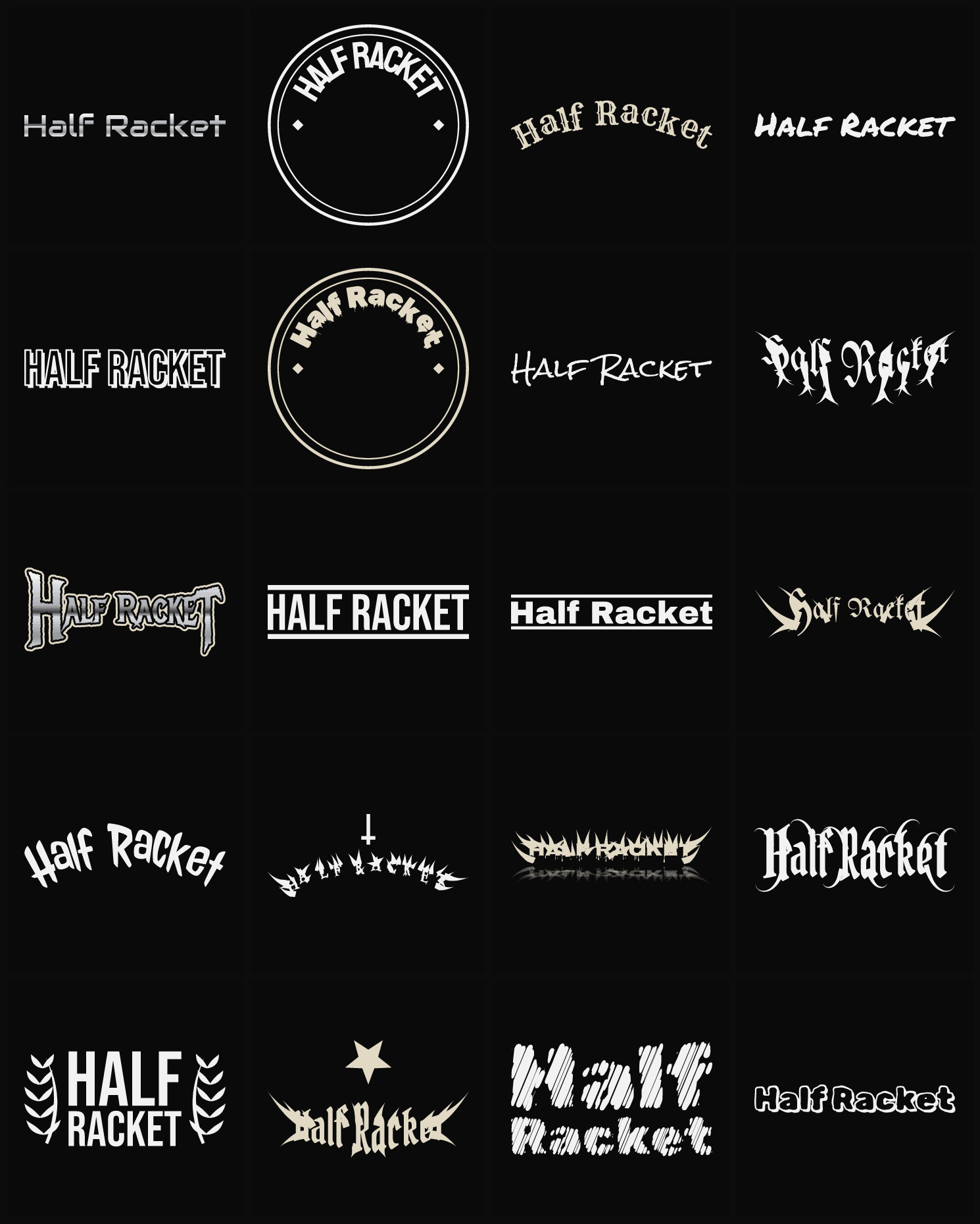 Twenty Half Racket band logo ideas — different faces, treatments and spike settings