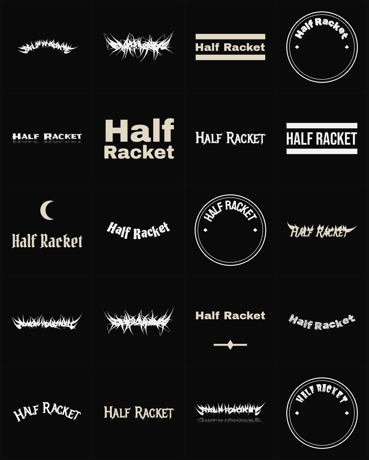 Twenty Half Racket band logo ideas — different faces, treatments and spike settings