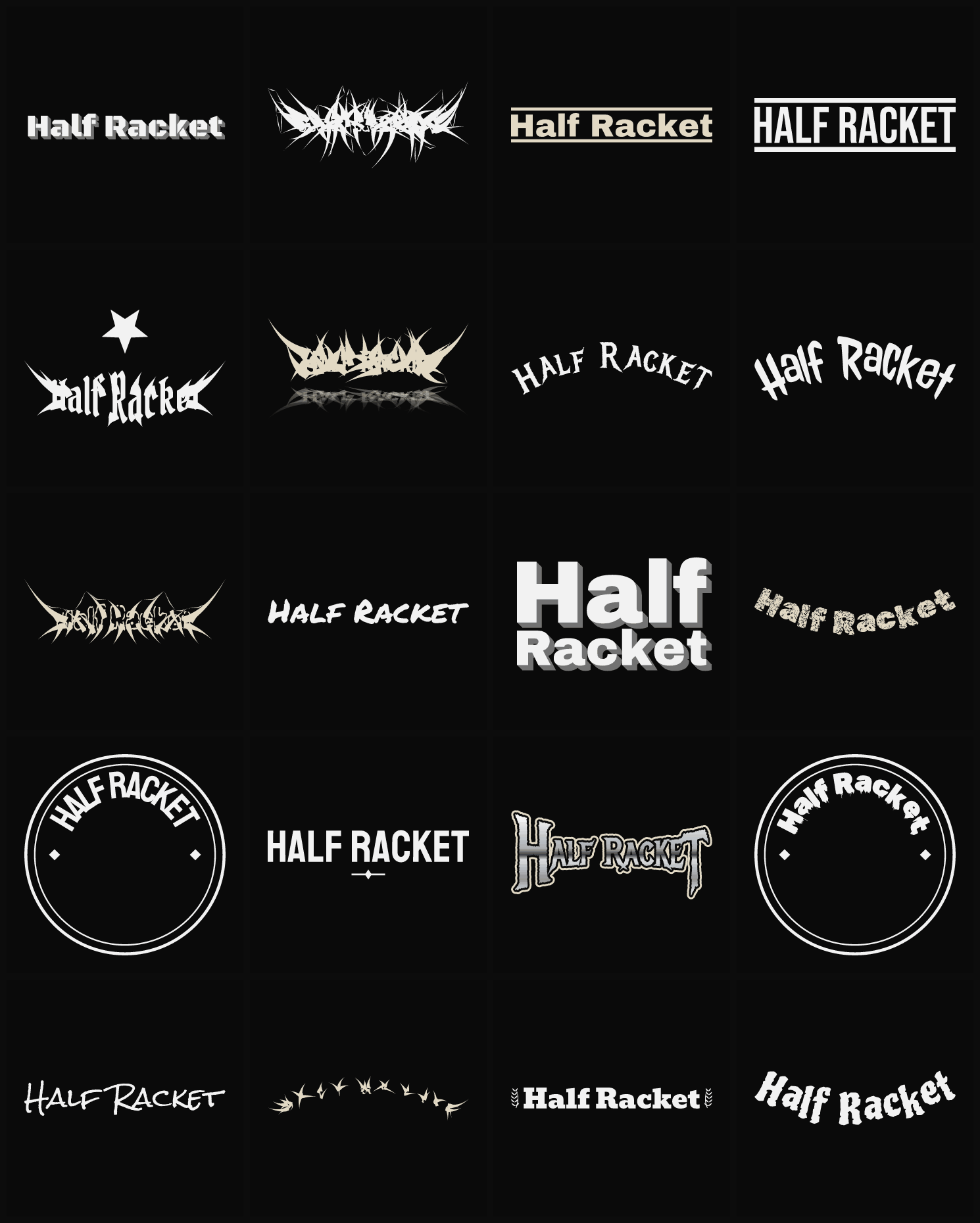 Twenty Half Racket band logo ideas — different faces, treatments and spike settings