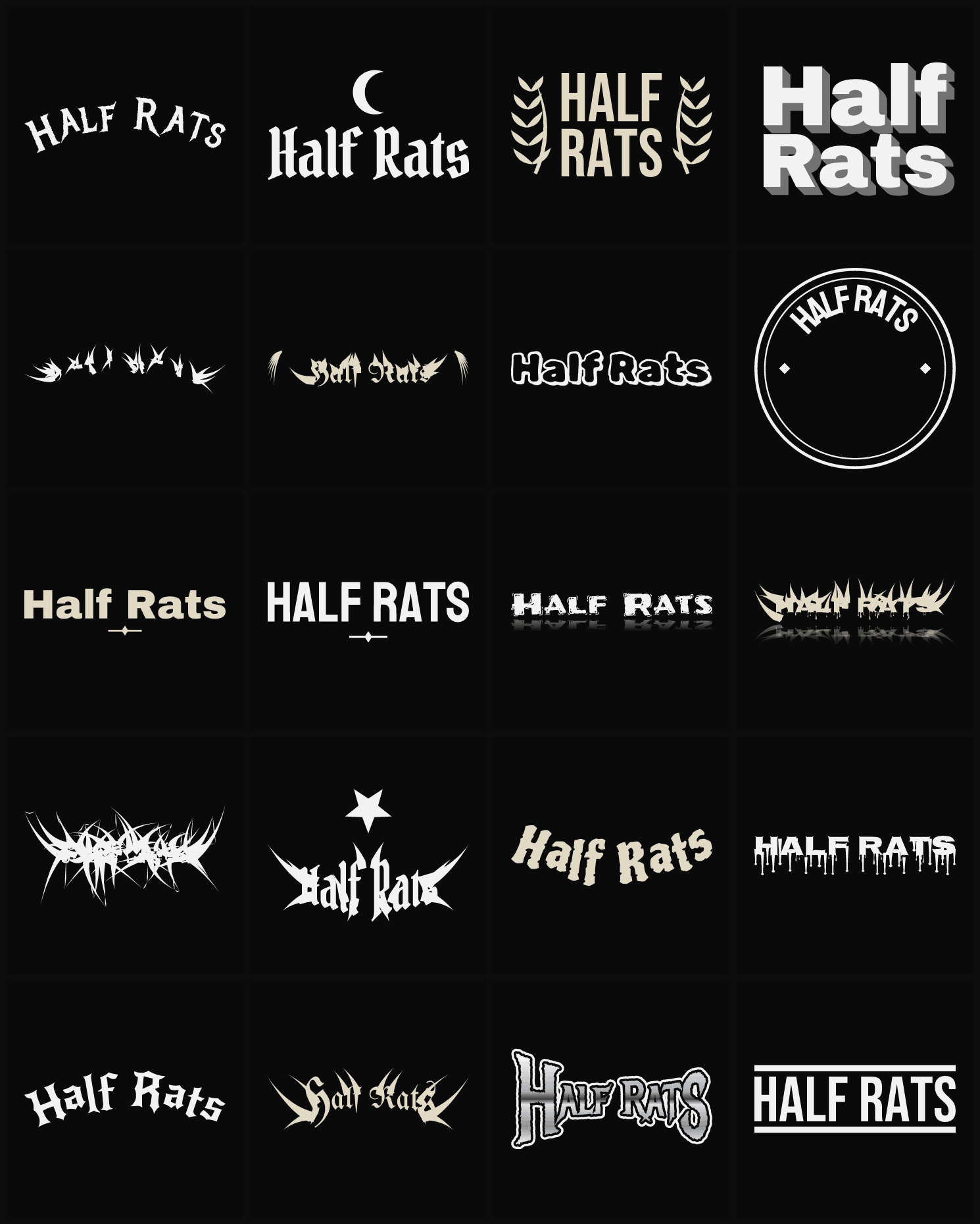 Twenty Half Rats band logo ideas — different faces, treatments and spike settings