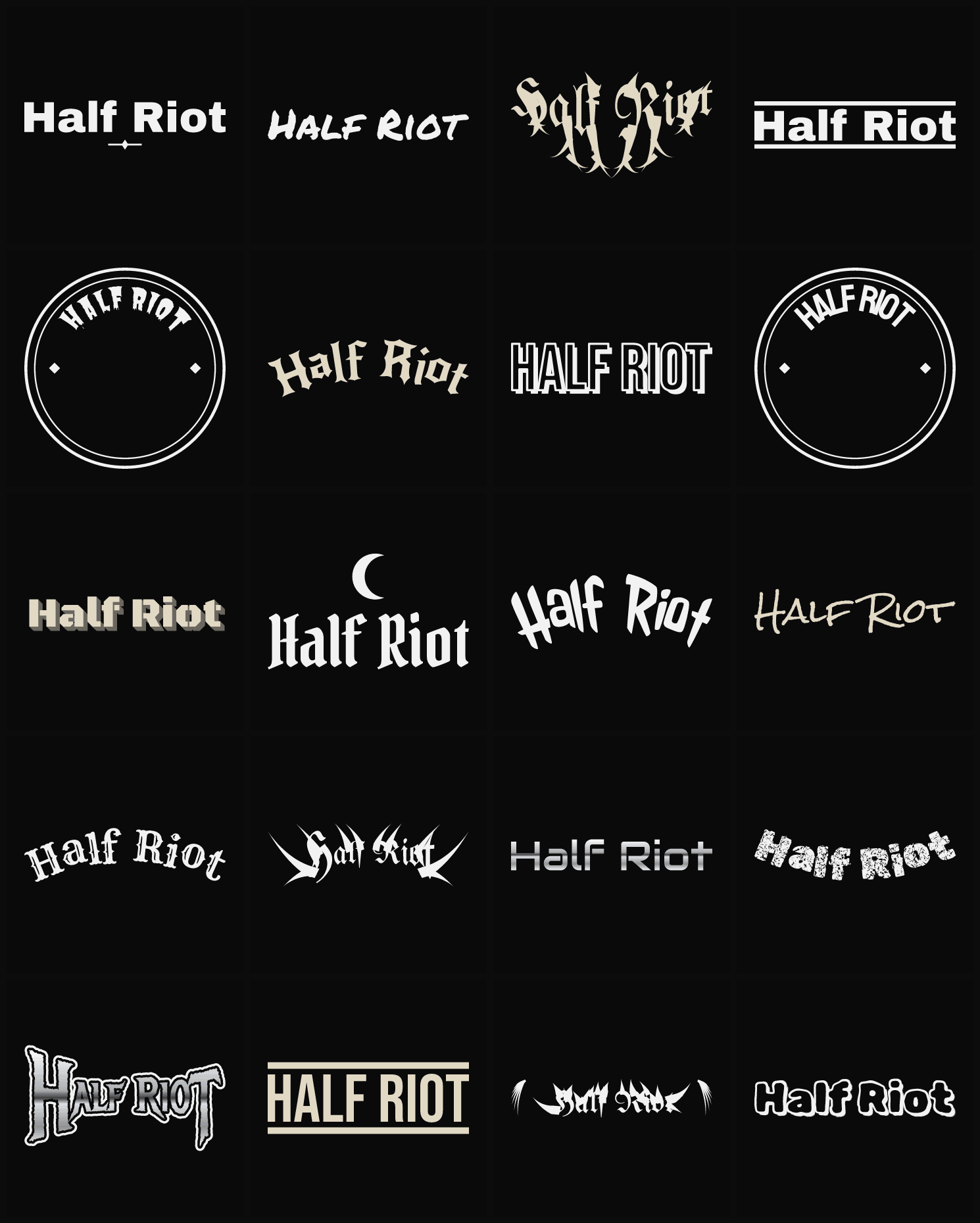 Twenty Half Riot band logo ideas — different faces, treatments and spike settings