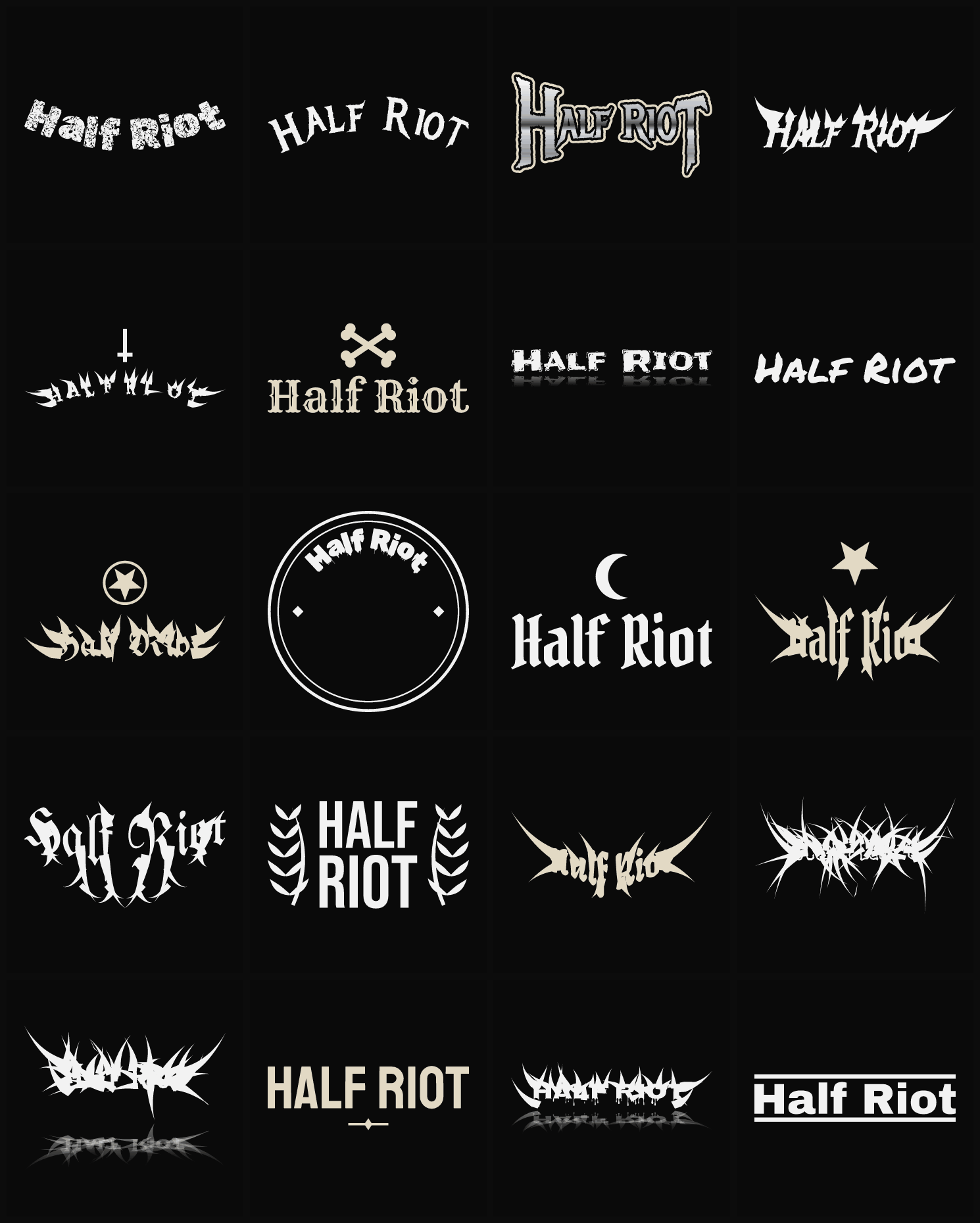 Twenty Half Riot band logo ideas — different faces, treatments and spike settings