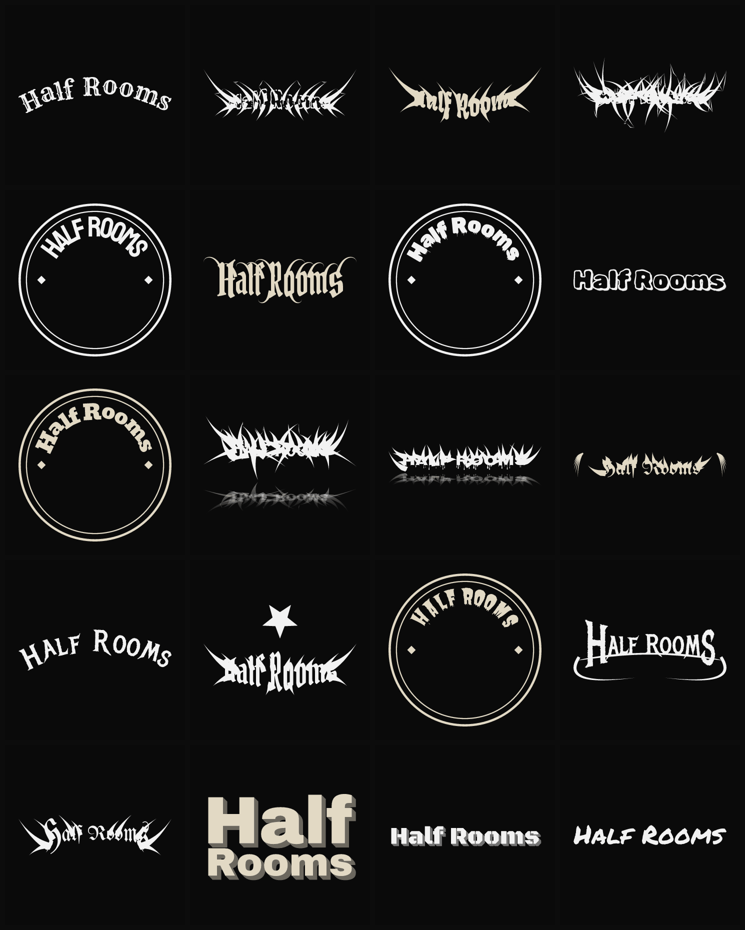 Twenty Half Rooms band logo ideas — different faces, treatments and spike settings