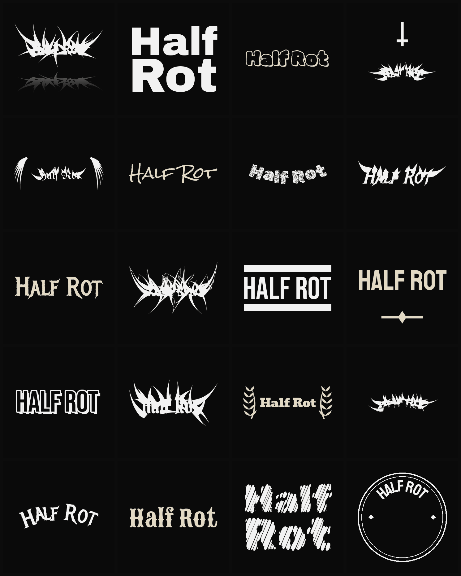 Twenty Half Rot band logo ideas — different faces, treatments and spike settings