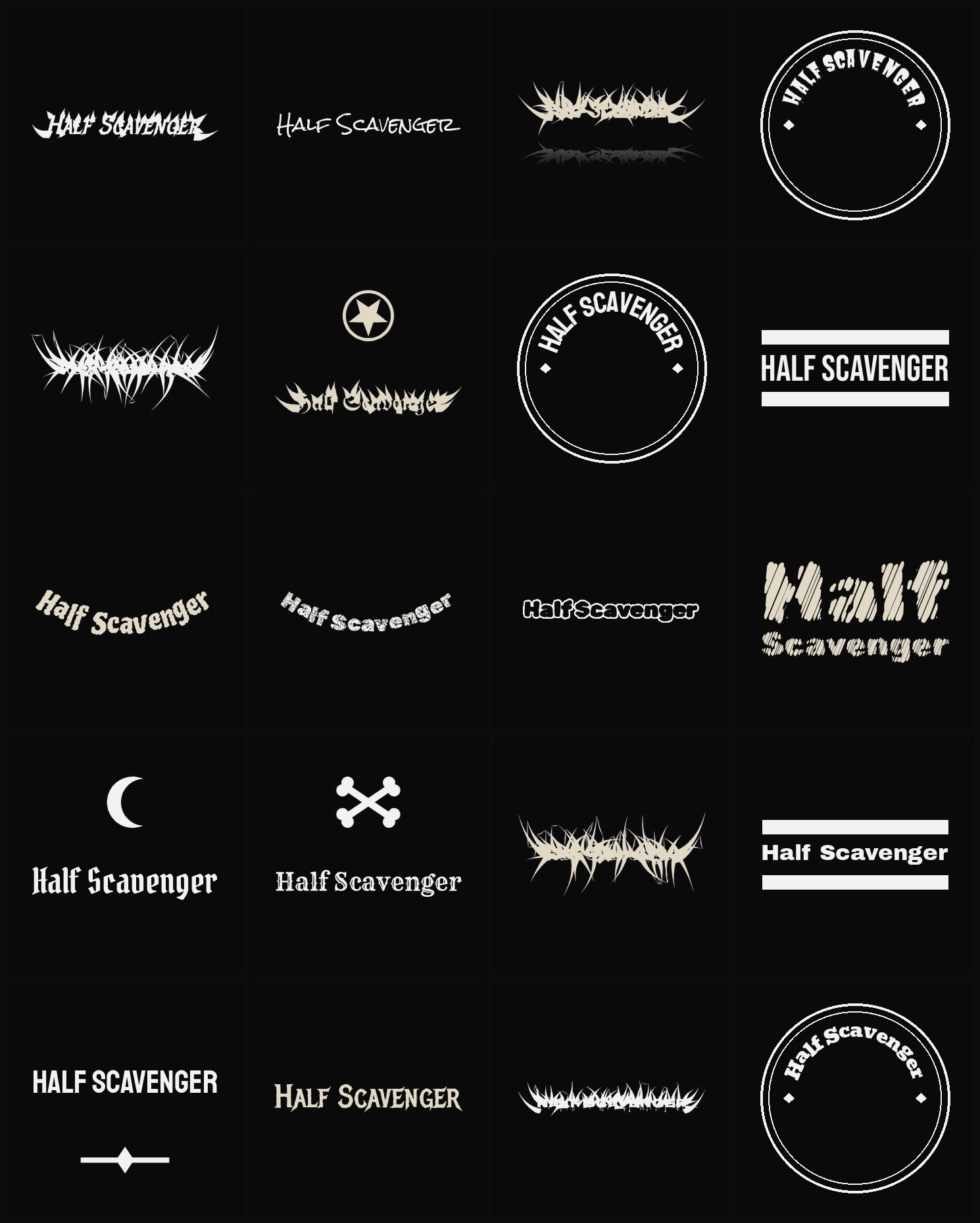 Twenty Half Scavenger band logo ideas — different faces, treatments and spike settings