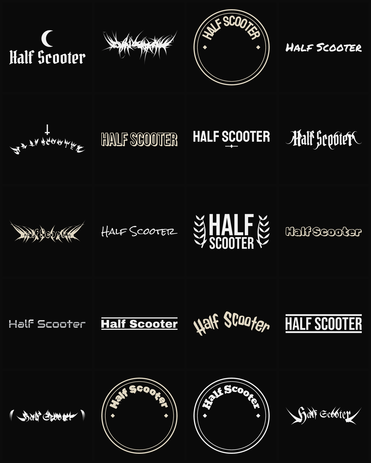 Twenty Half Scooter band logo ideas — different faces, treatments and spike settings