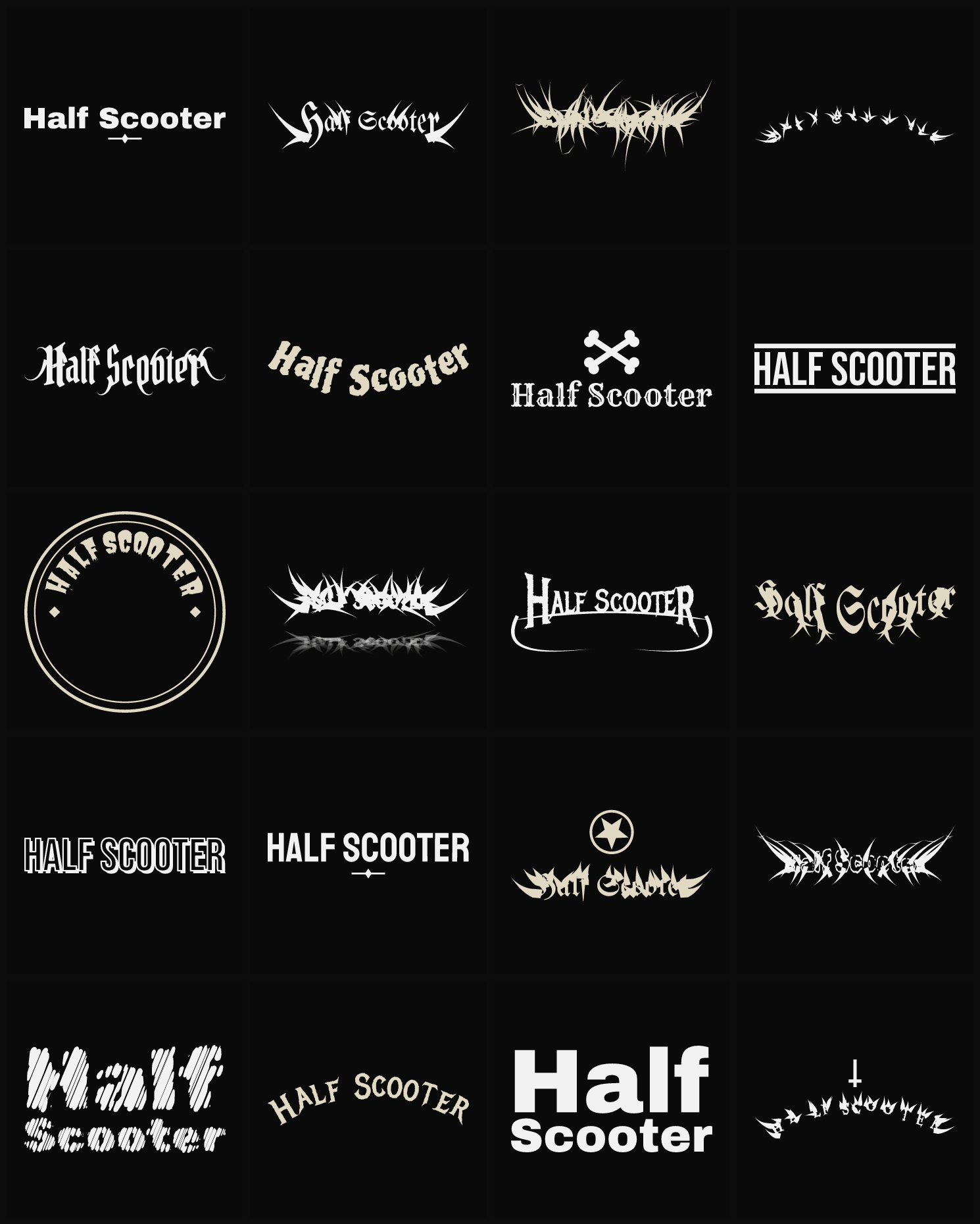 Twenty Half Scooter band logo ideas — different faces, treatments and spike settings