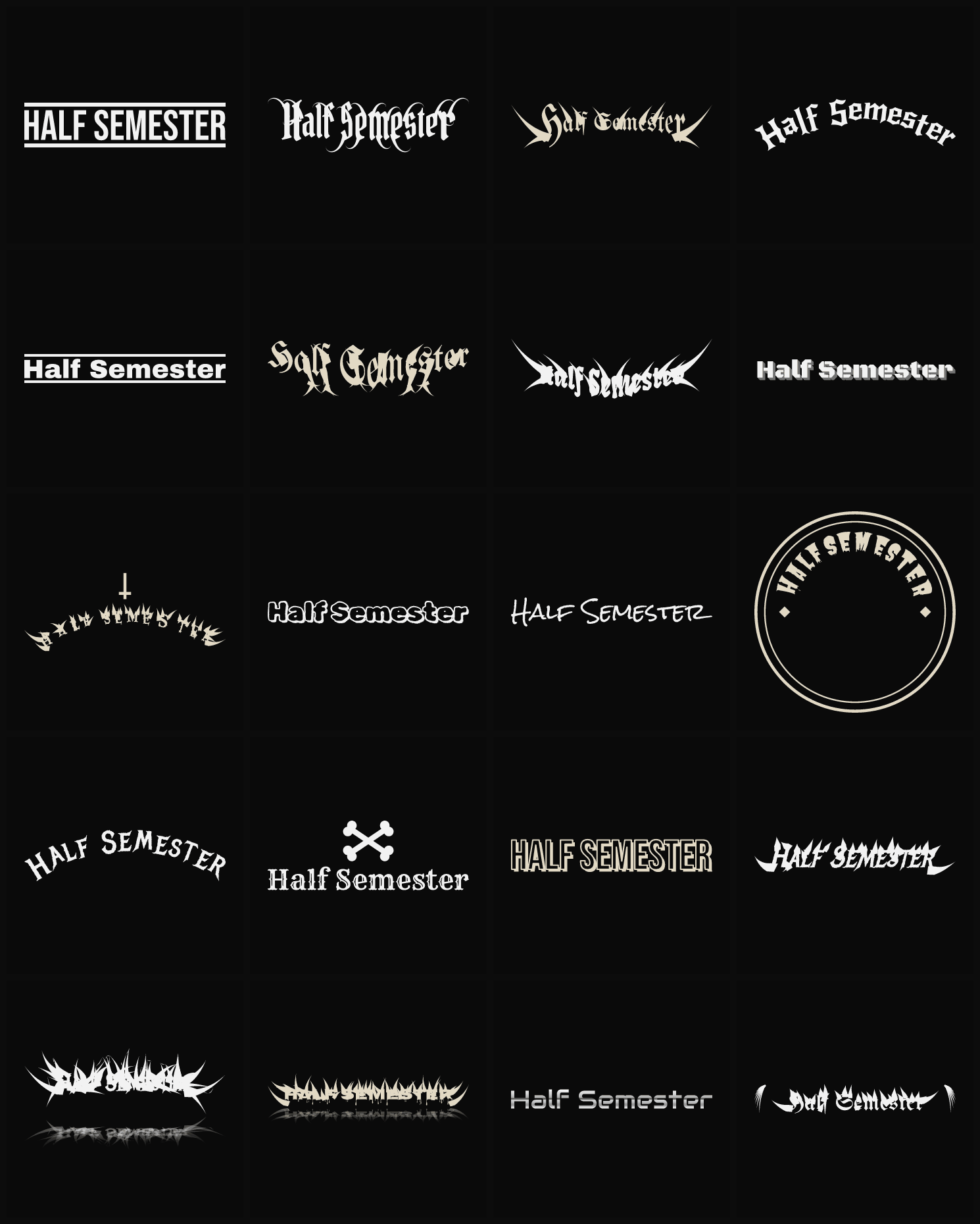 Twenty Half Semester band logo ideas — different faces, treatments and spike settings