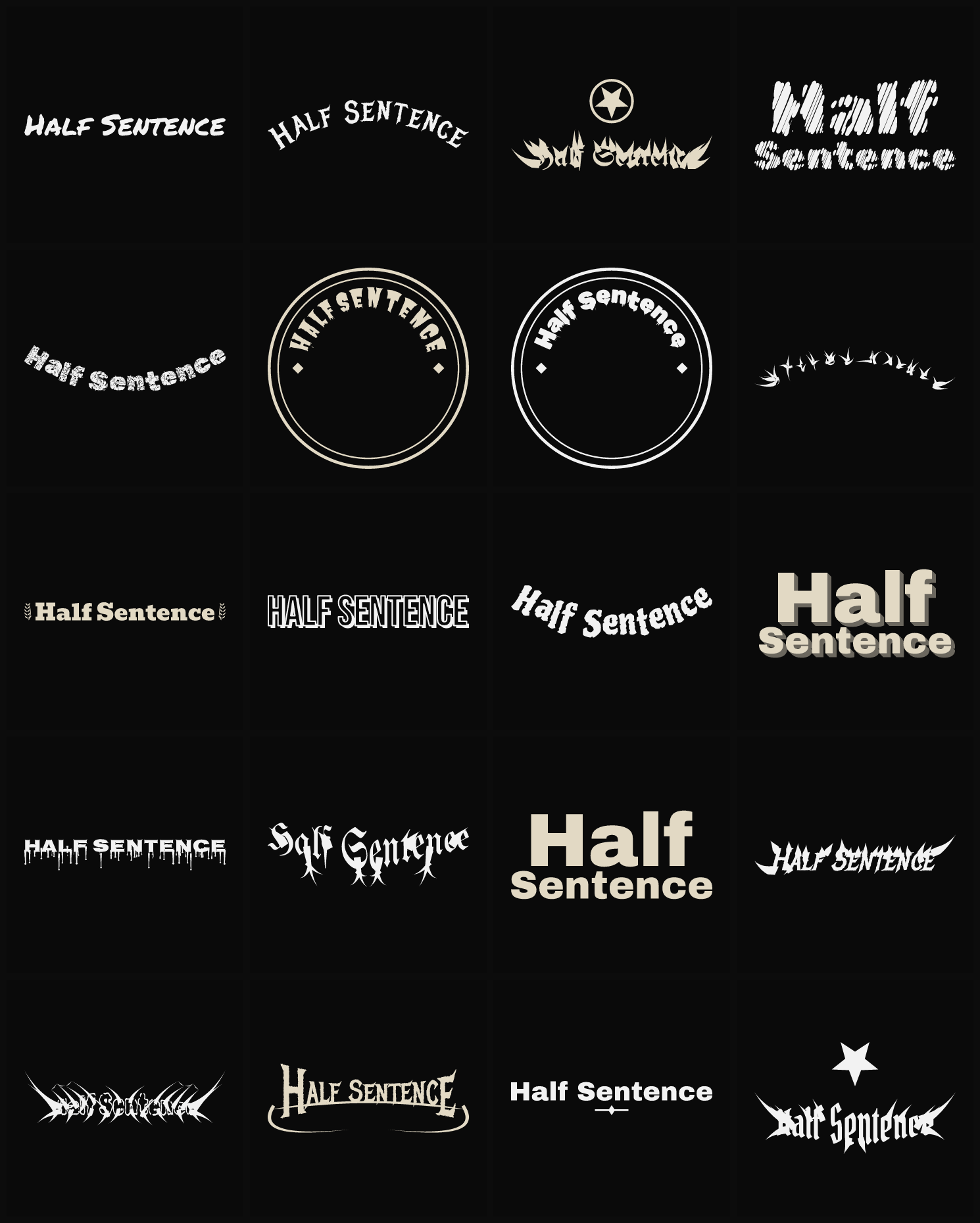 Twenty Half Sentence band logo ideas — different faces, treatments and spike settings