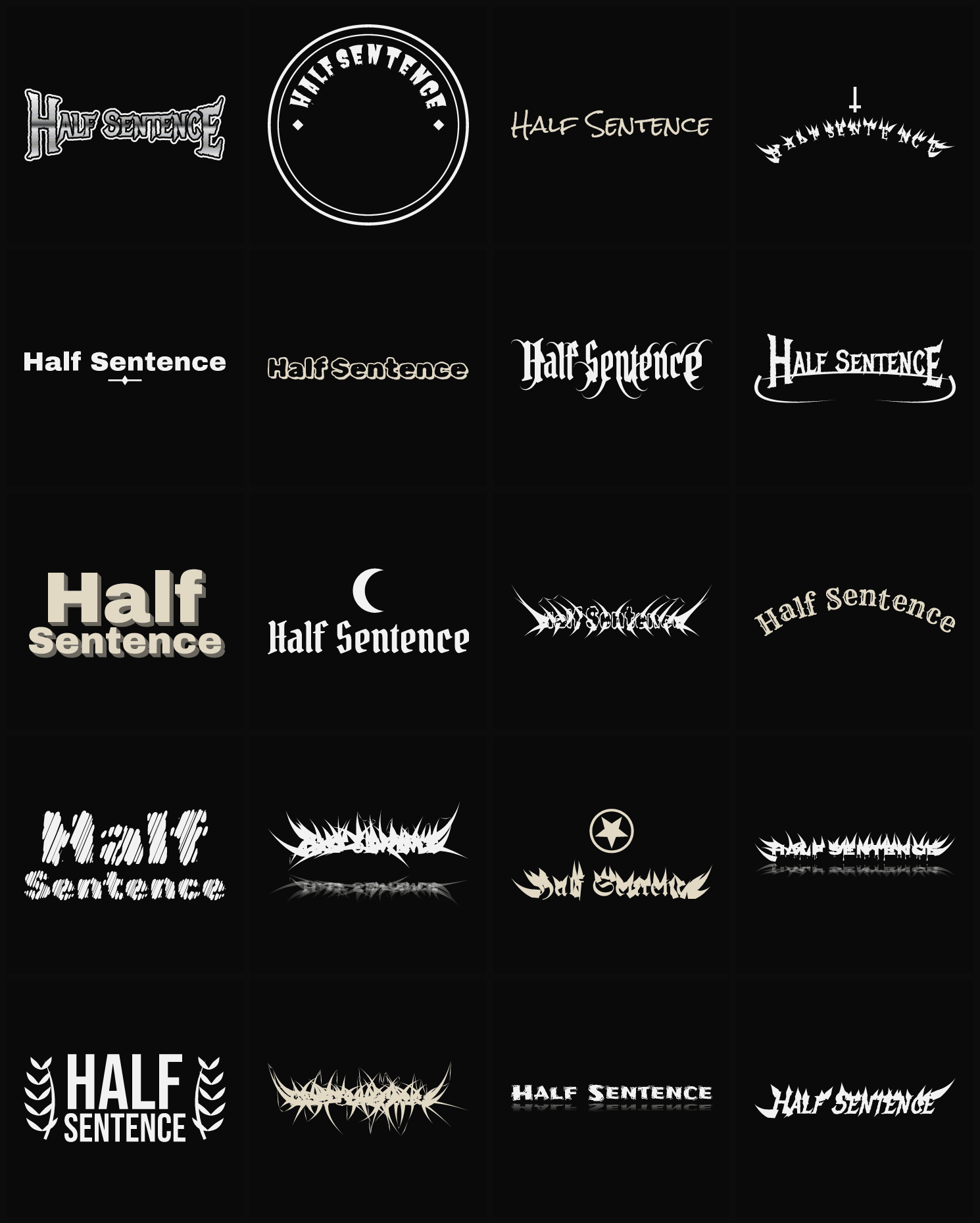 Twenty Half Sentence band logo ideas — different faces, treatments and spike settings