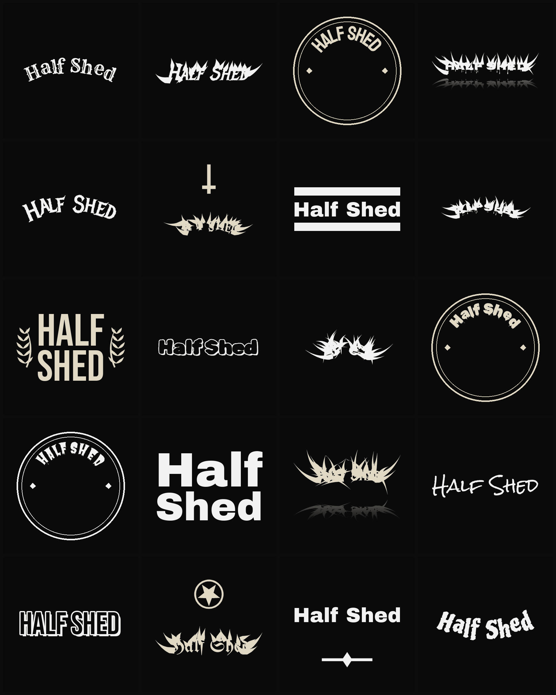 Twenty Half Shed band logo ideas — different faces, treatments and spike settings