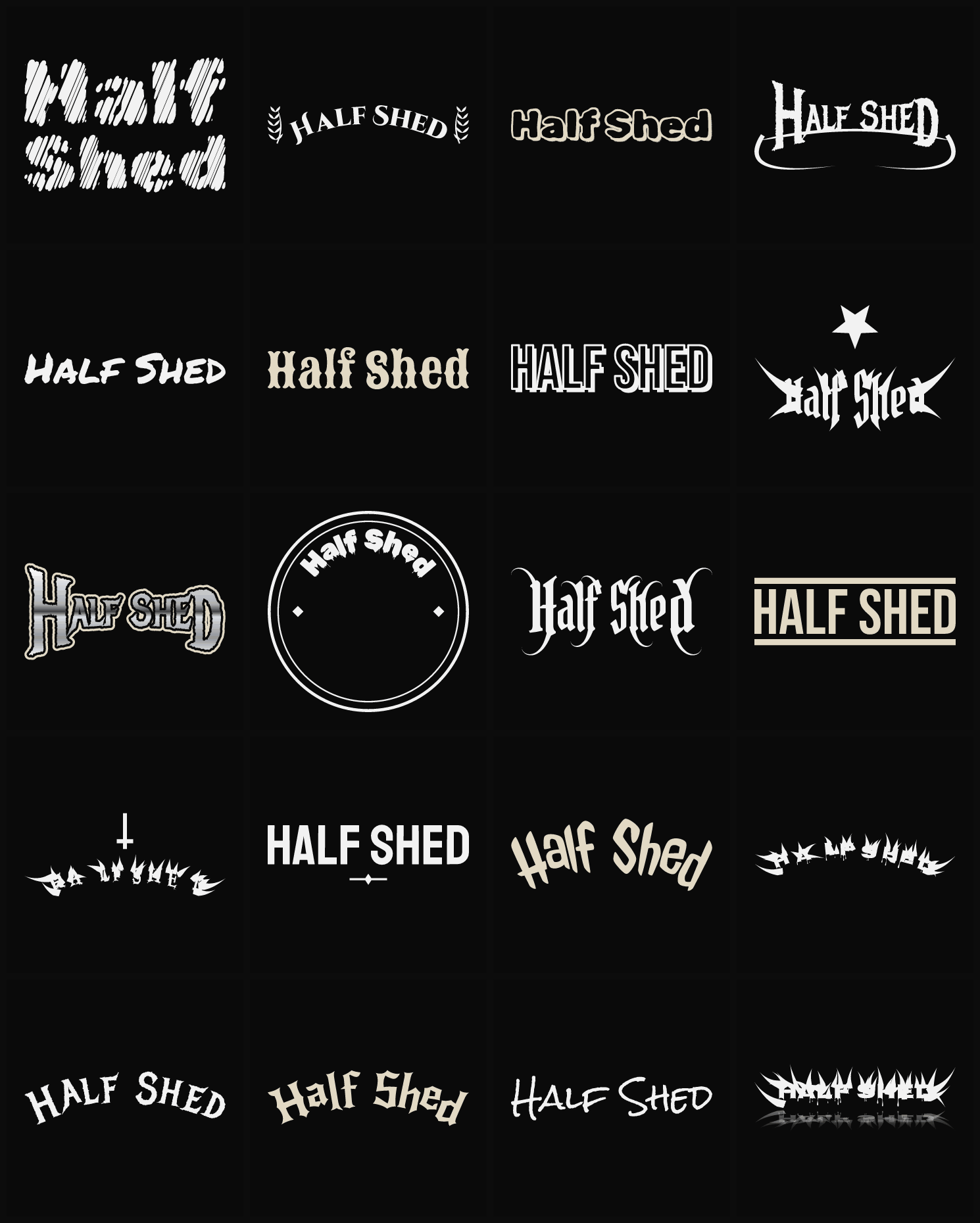 Twenty Half Shed band logo ideas — different faces, treatments and spike settings