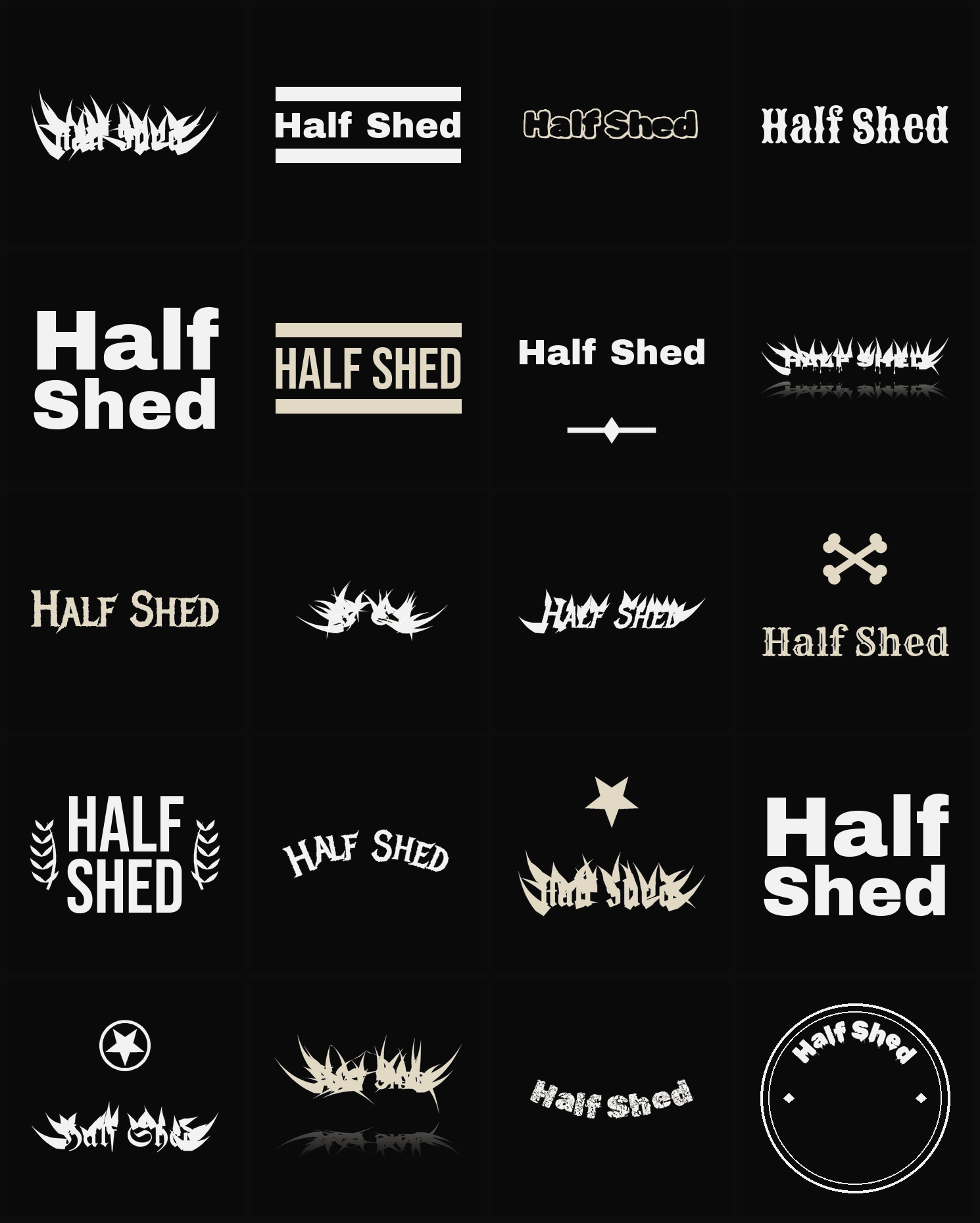 Twenty Half Shed band logo ideas — different faces, treatments and spike settings