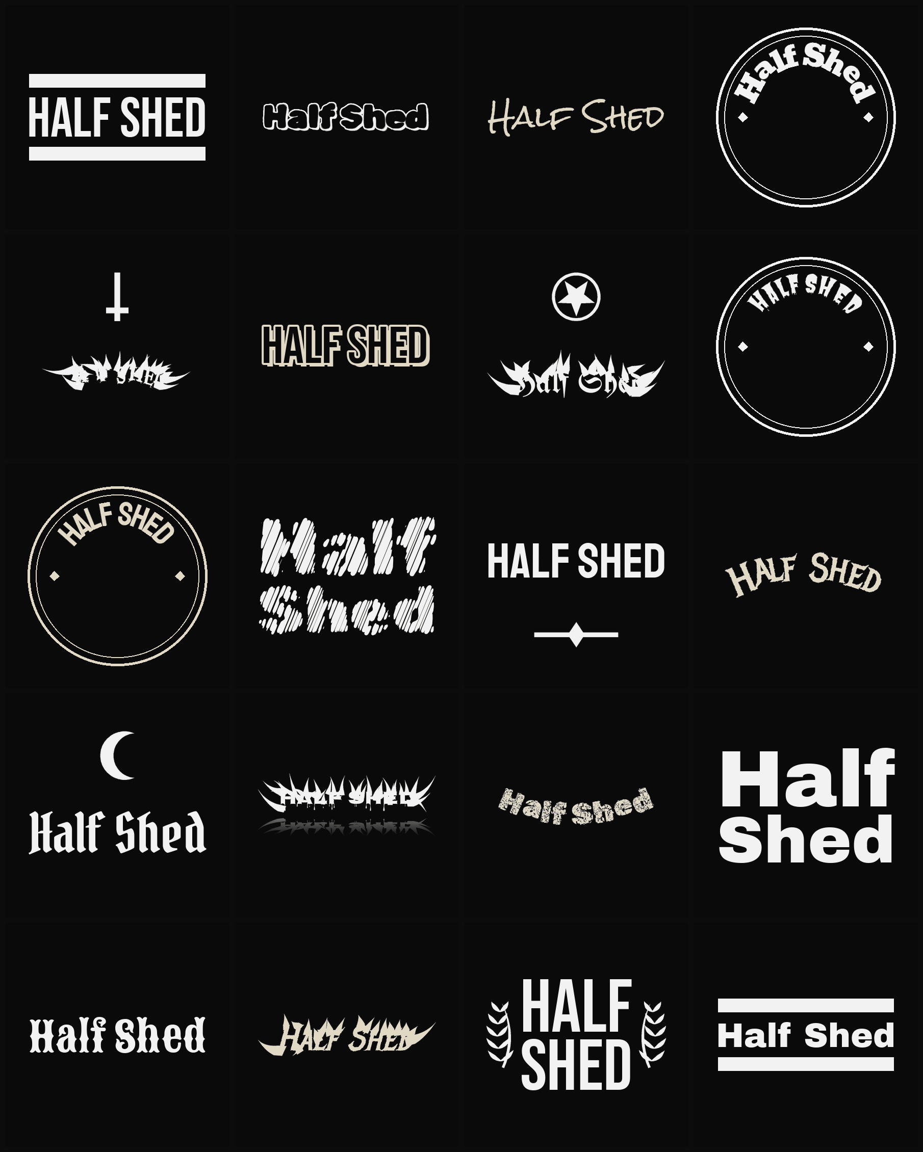 Twenty Half Shed band logo ideas — different faces, treatments and spike settings