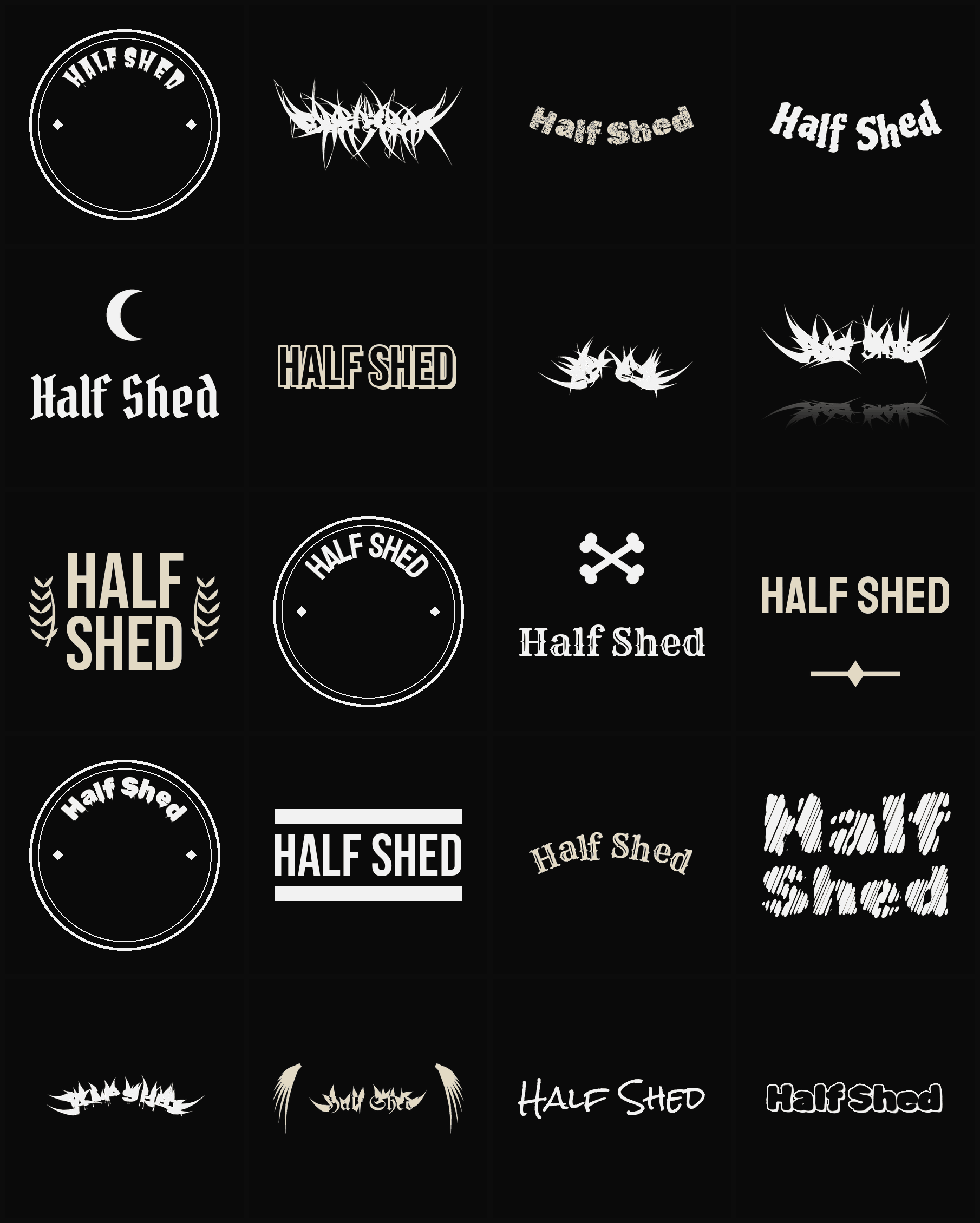 Twenty Half Shed band logo ideas — different faces, treatments and spike settings