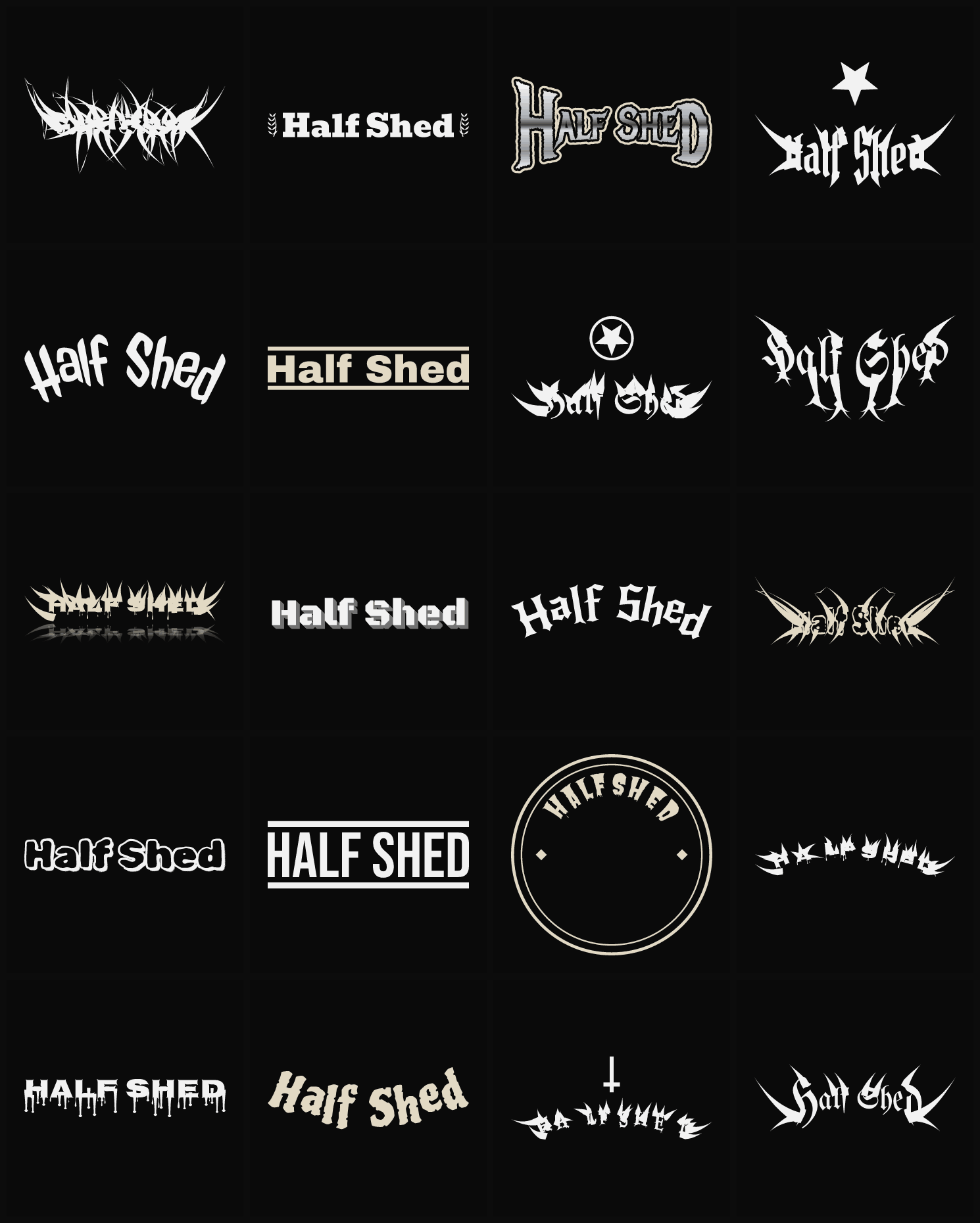 Twenty Half Shed band logo ideas — different faces, treatments and spike settings