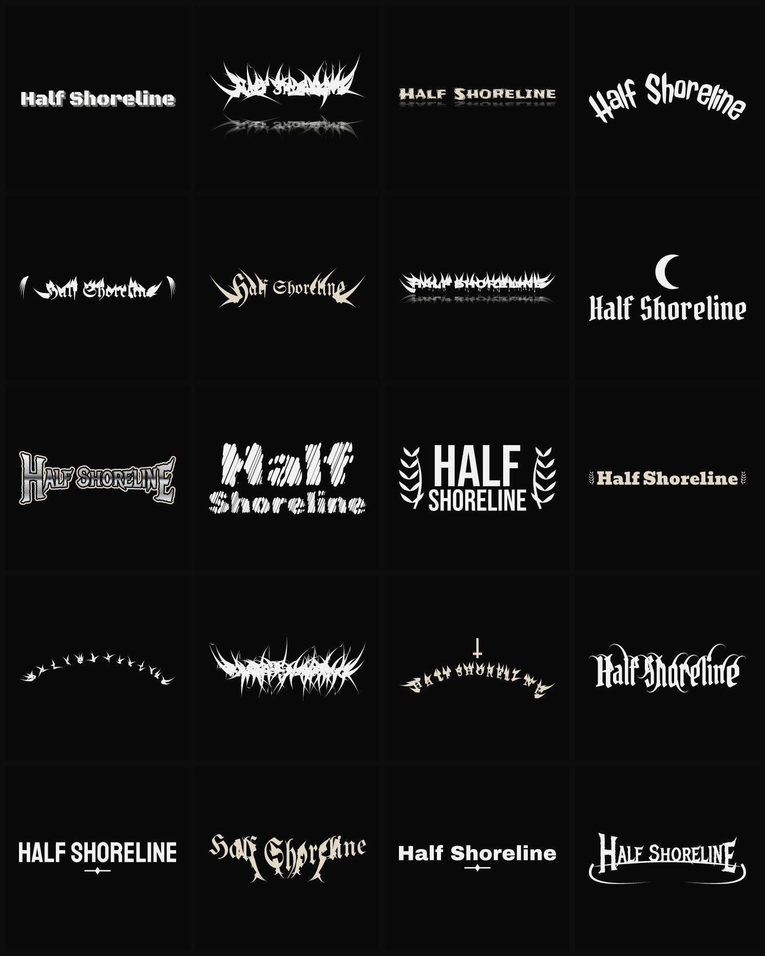 Twenty Half Shoreline band logo ideas — different faces, treatments and spike settings