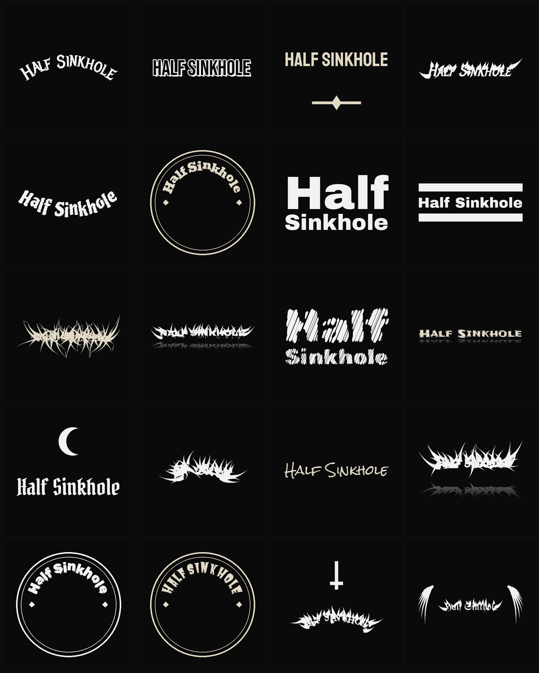 Twenty Half Sinkhole band logo ideas — different faces, treatments and spike settings