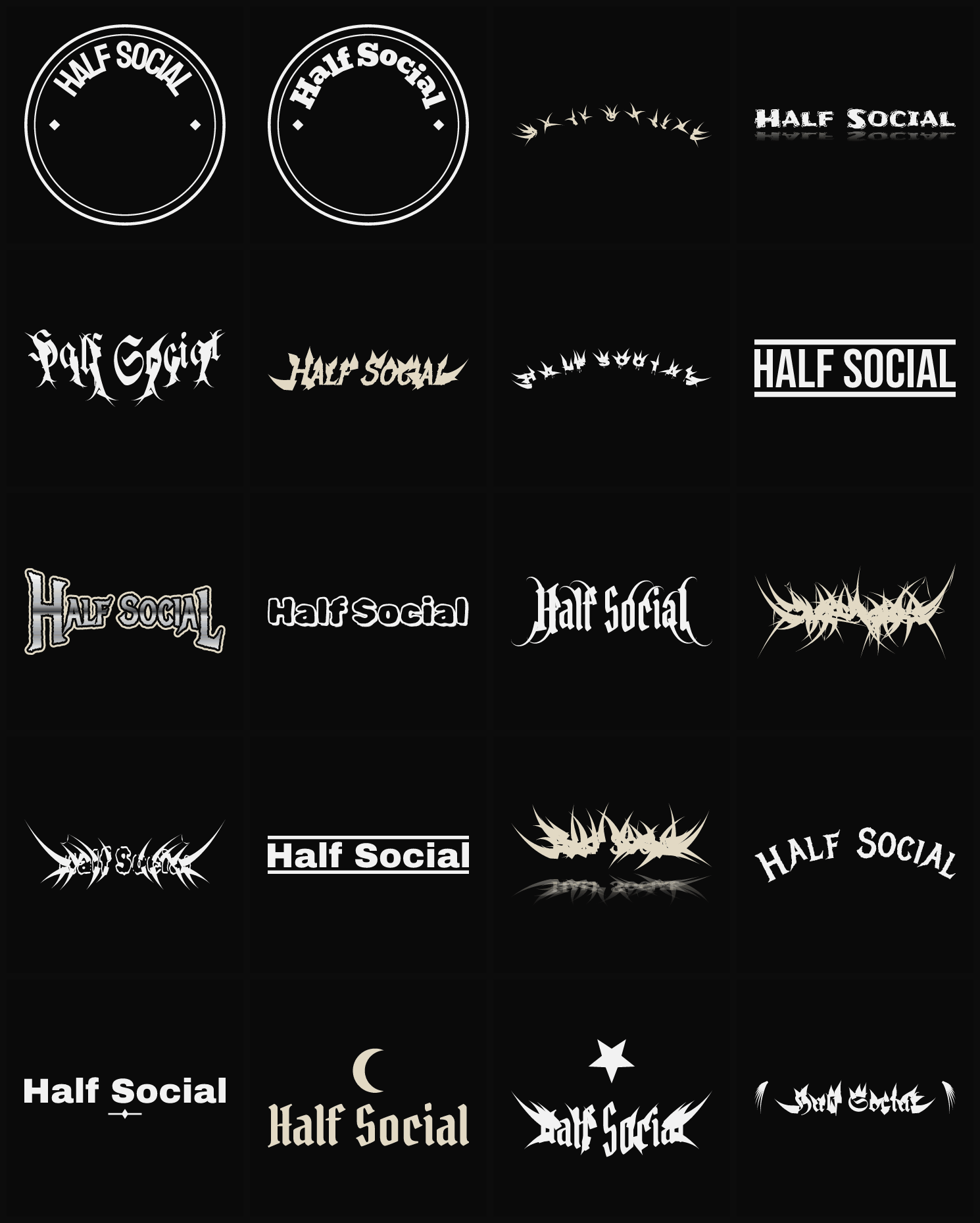 Twenty Half Social band logo ideas — different faces, treatments and spike settings