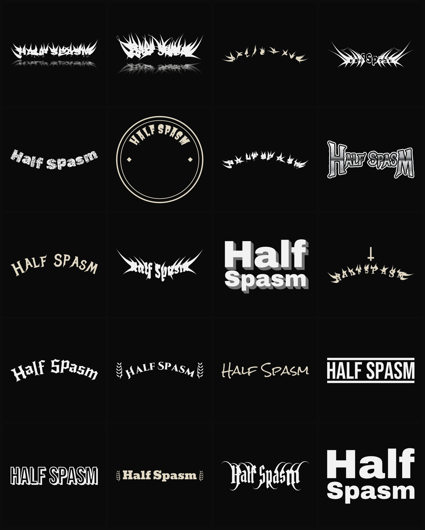 Twenty Half Spasm band logo ideas — different faces, treatments and spike settings