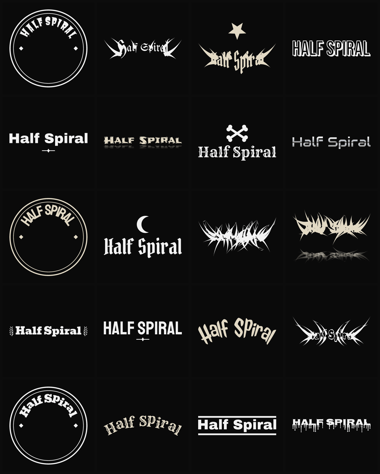 Twenty Half Spiral band logo ideas — different faces, treatments and spike settings