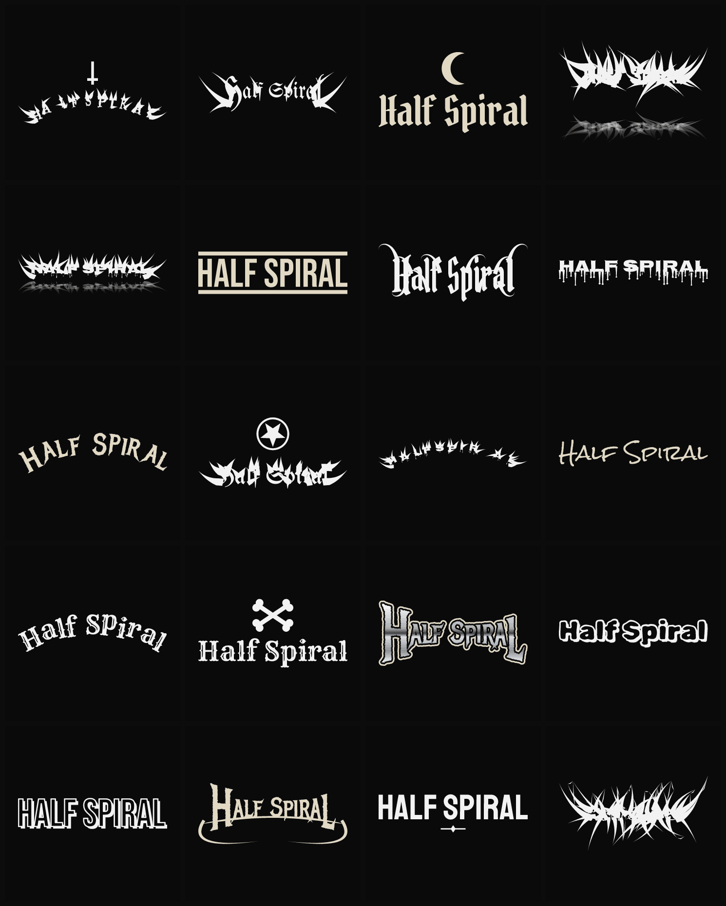 Twenty Half Spiral band logo ideas — different faces, treatments and spike settings