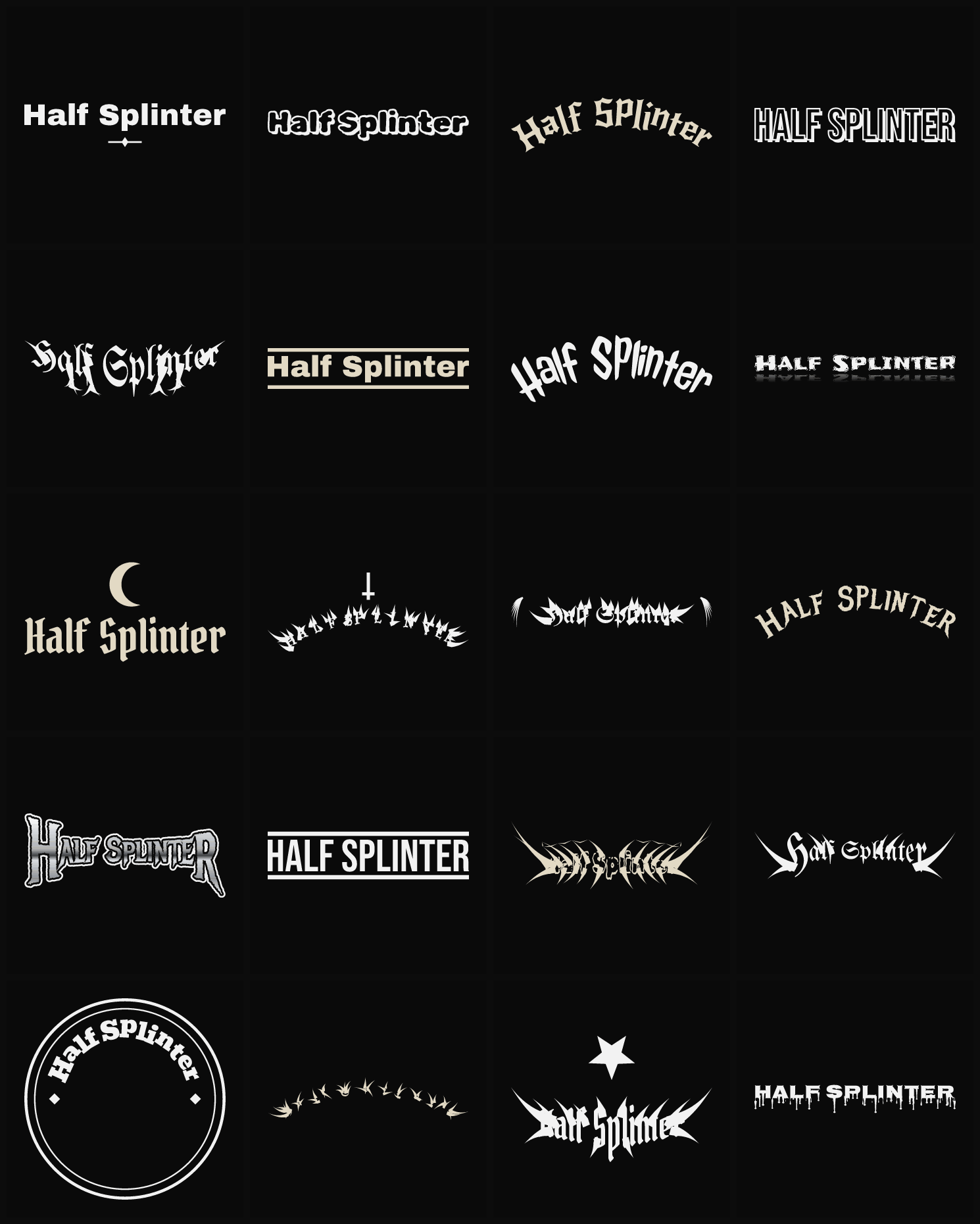 Twenty Half Splinter band logo ideas — different faces, treatments and spike settings